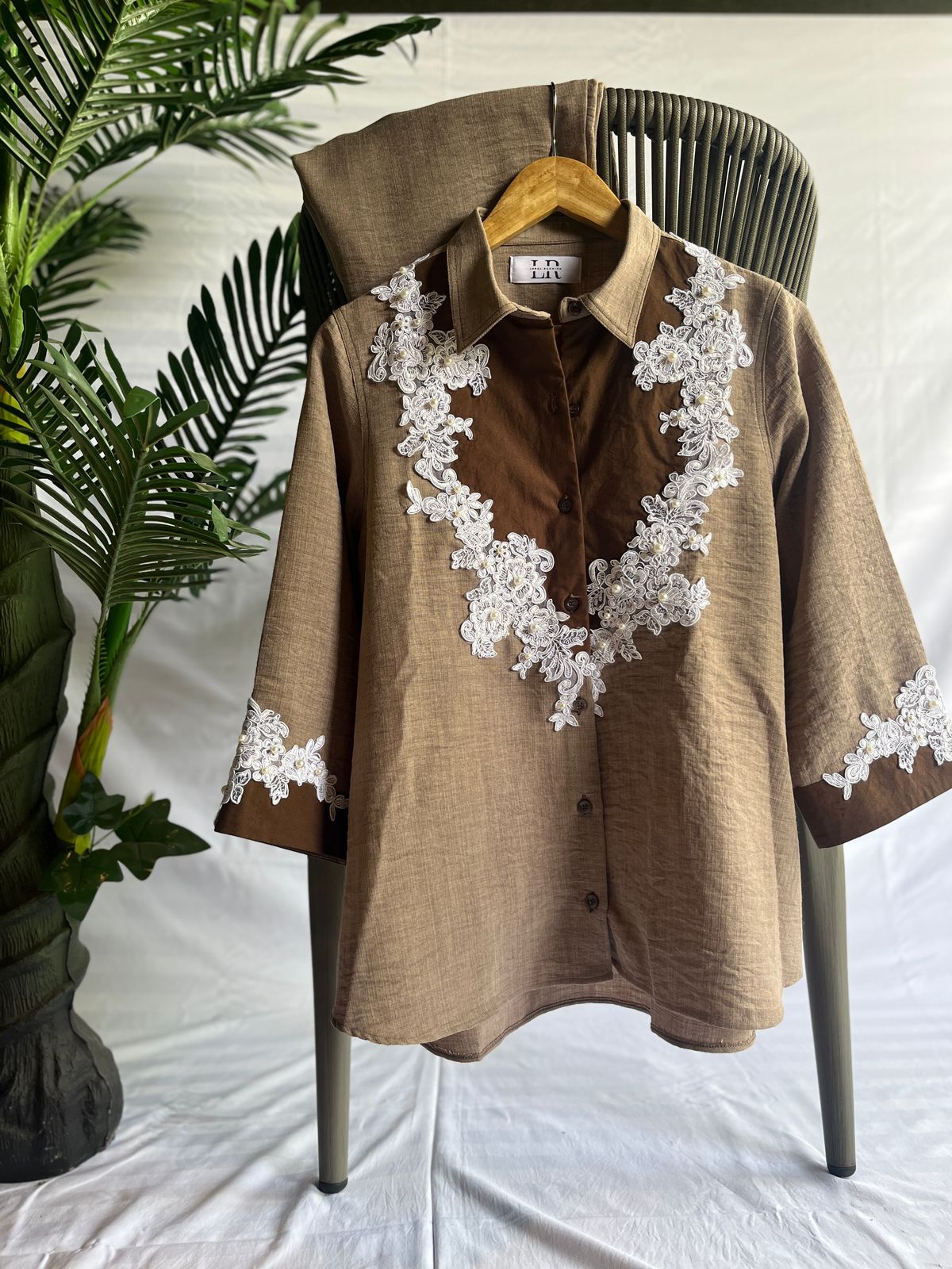 Mocha Dual-Tone Shirt with White Lace Embroidery
