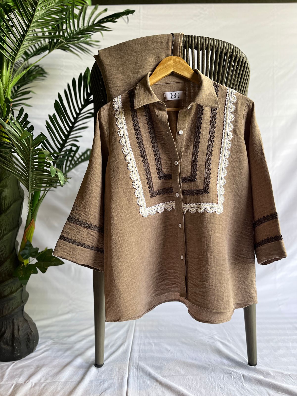 Earth-Toned Embroidered Shirt with Lace Panel Accents