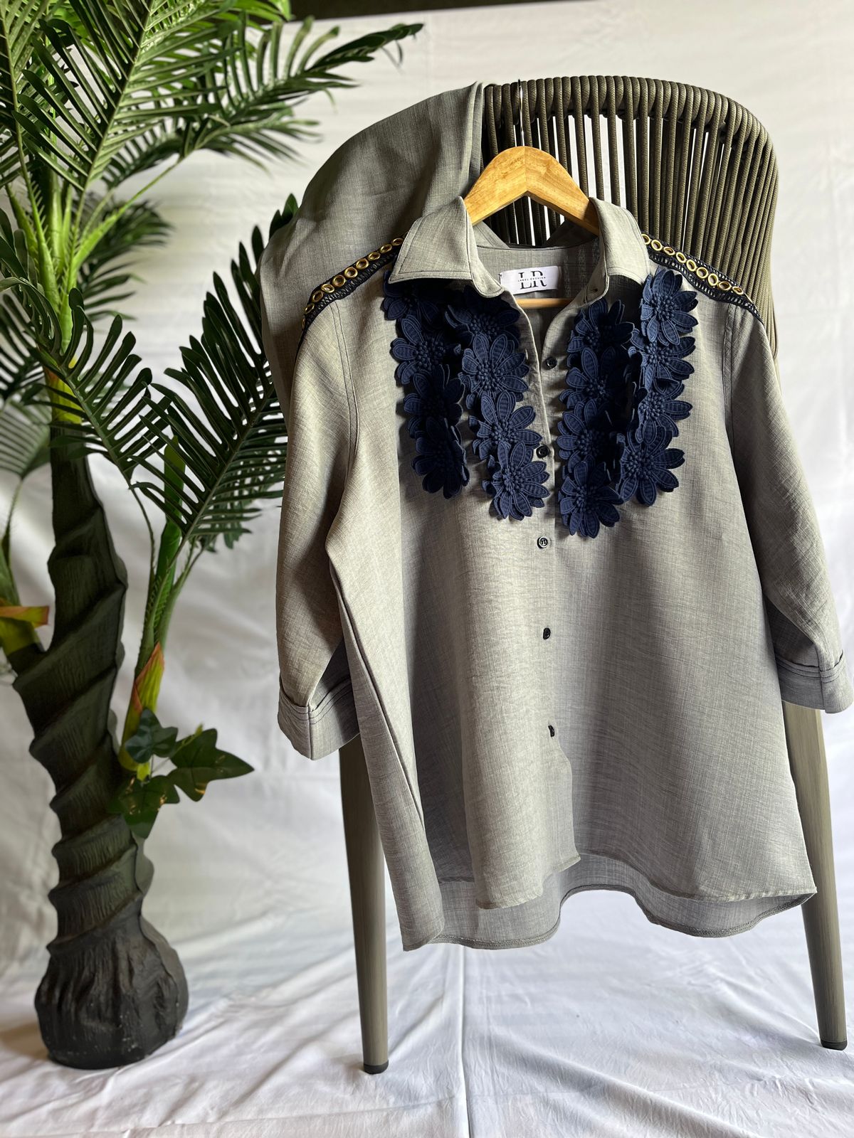 Muted Sage Floral Embellished Linen Coord Set