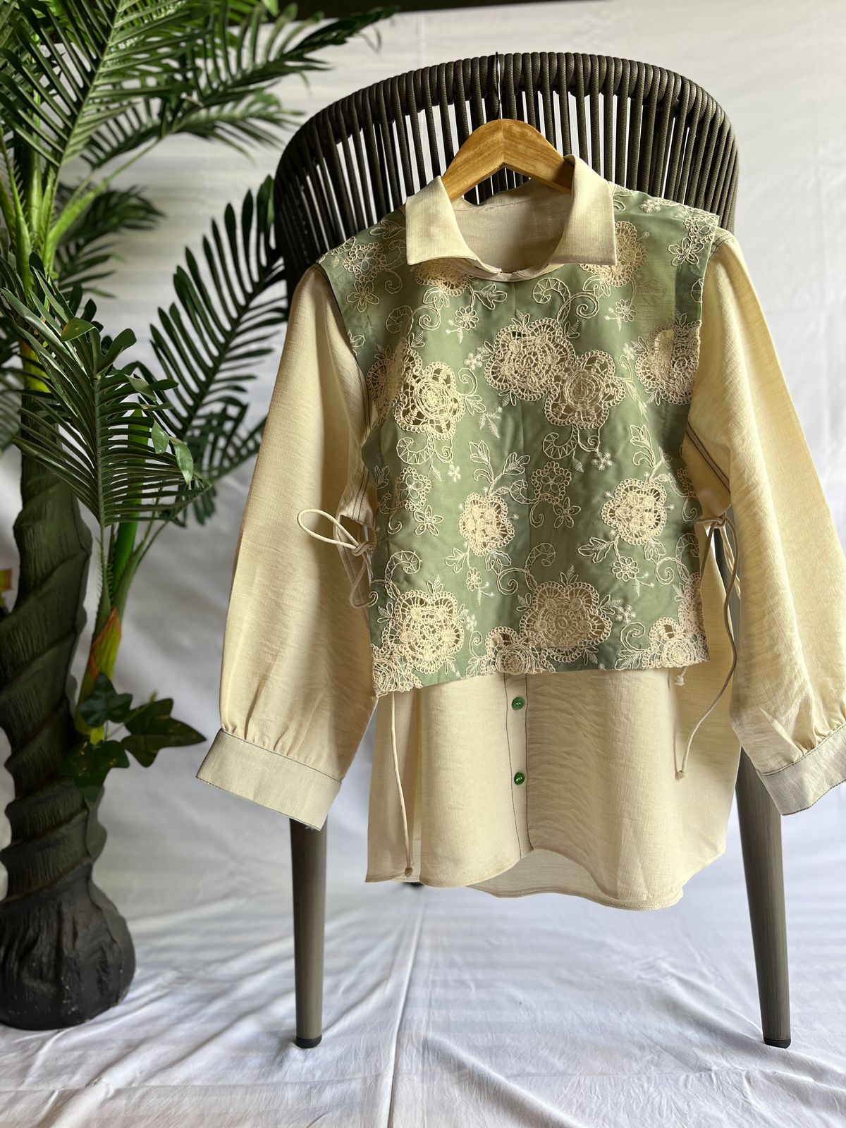 Cream Button-Up Shirt with Sage Green Embroidered Overlay