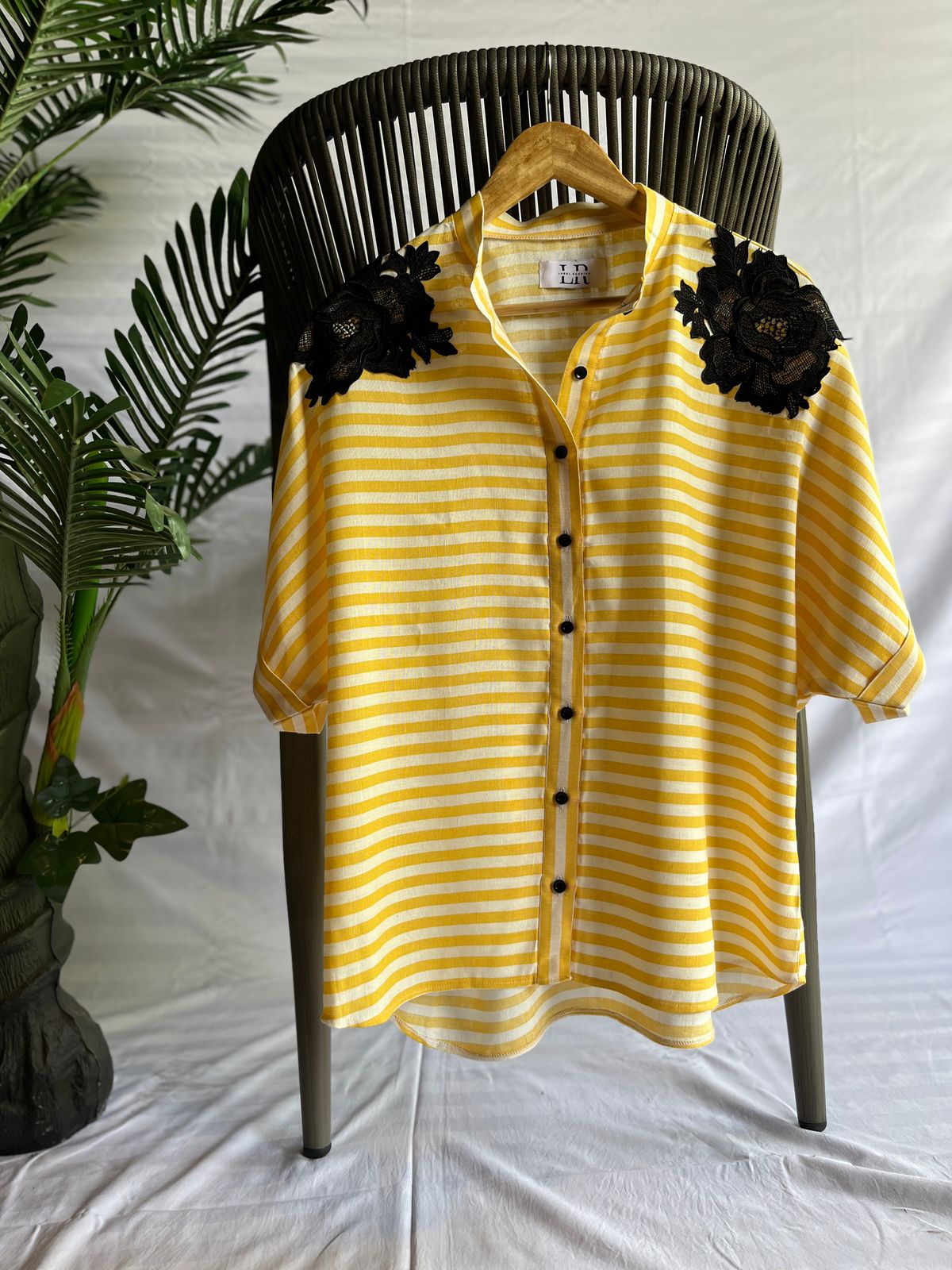 Sunny Yellow Striped Shirt with Black Floral Shoulder Appliqué