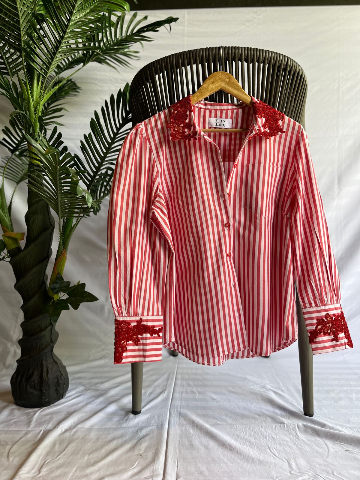 Red & White Striped Shirt with Embroidered Lace Collar and Cuffs
