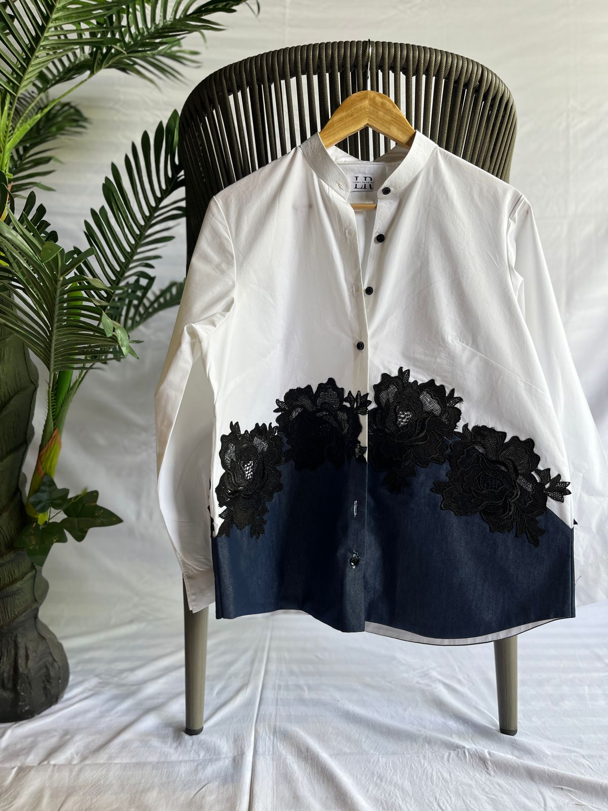 White & Denim Colorblock Shirt with Black Floral Lace Appliqué