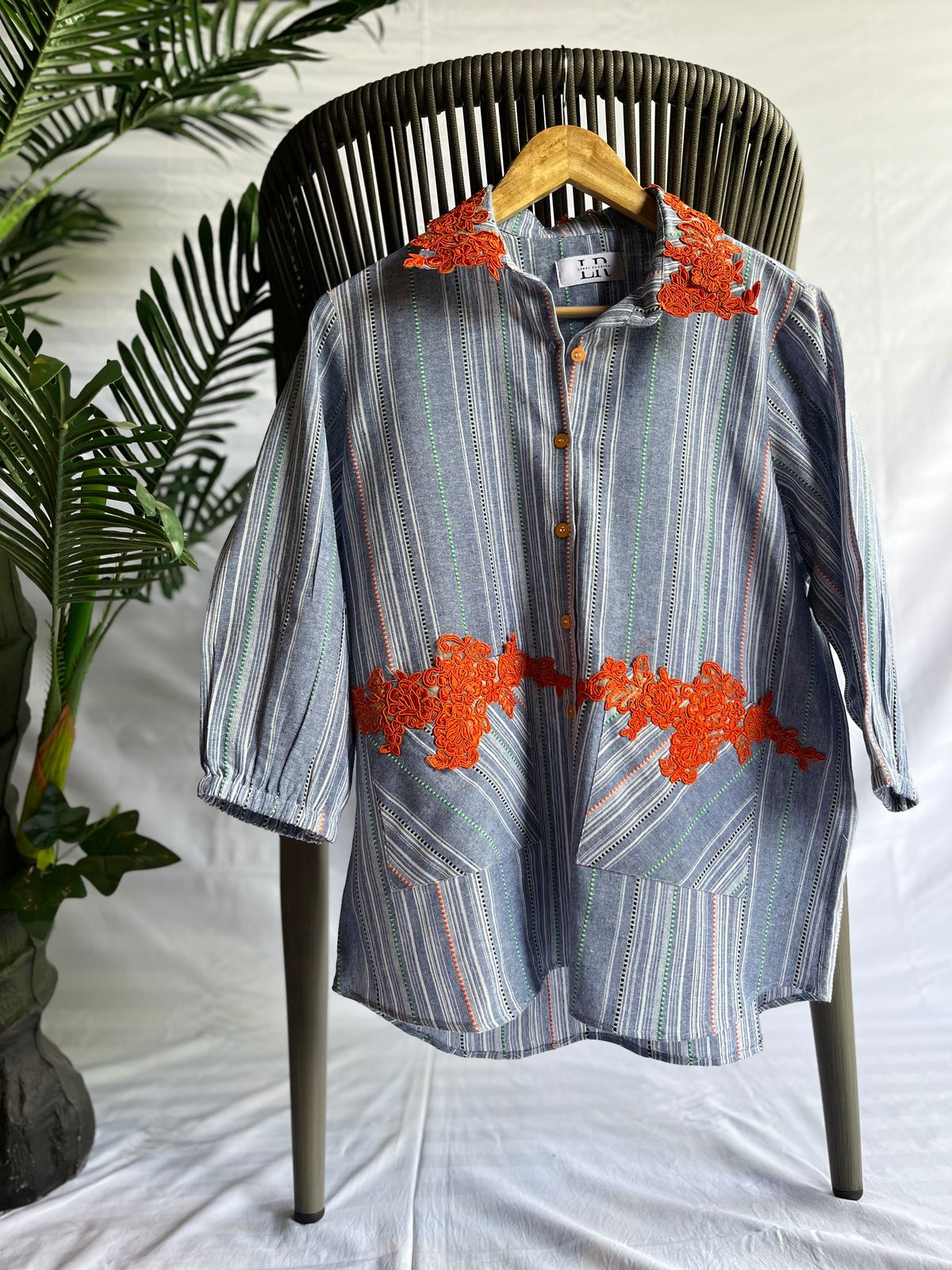 Striped Chambray Shirt with Orange Floral Appliqué