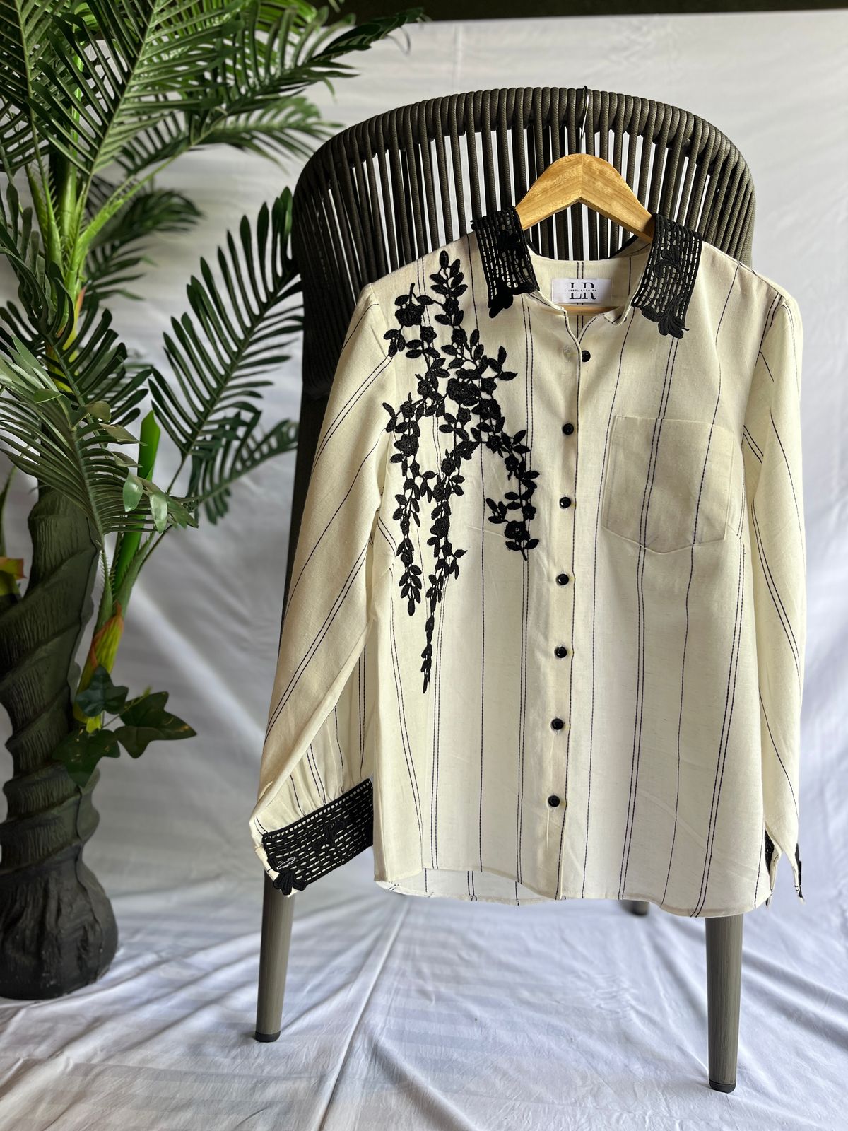 Cream Pinstripe Shirt with Black Embroidered Floral Detailing