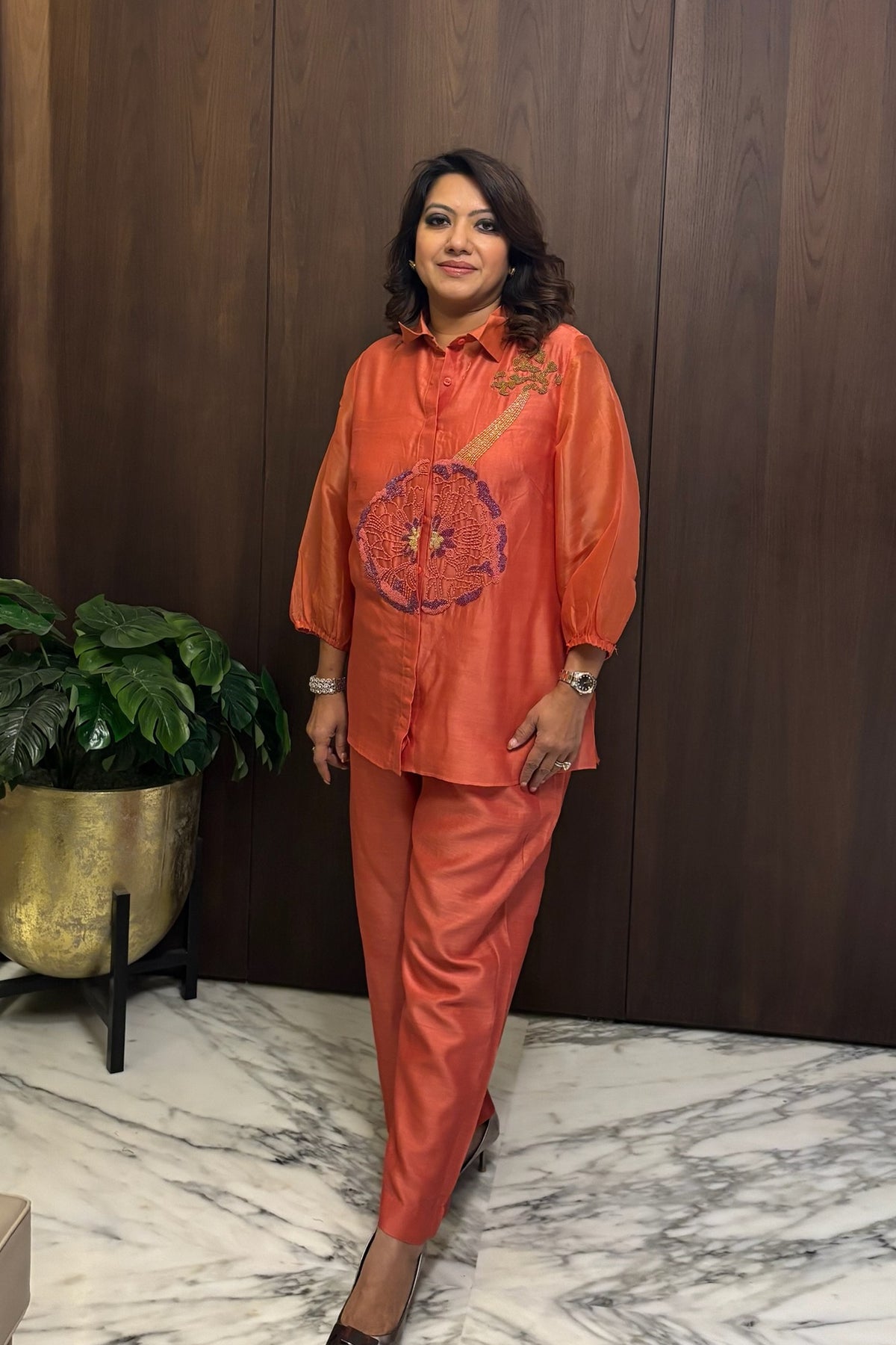 Orange Floral Organza Co-Ord Set