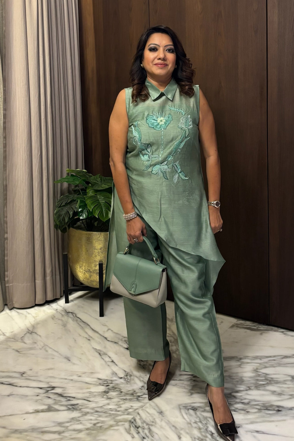 Sage Green Floral Organza Co-Ord Set