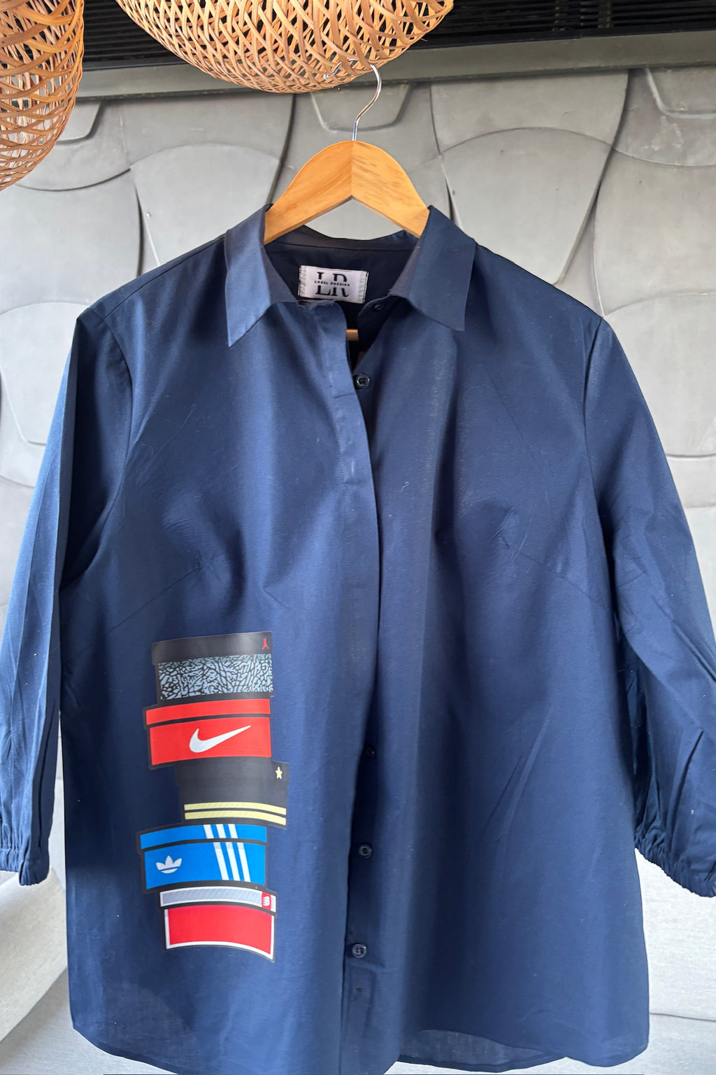 Navy Blue Cotton Shirt with Curved Hem