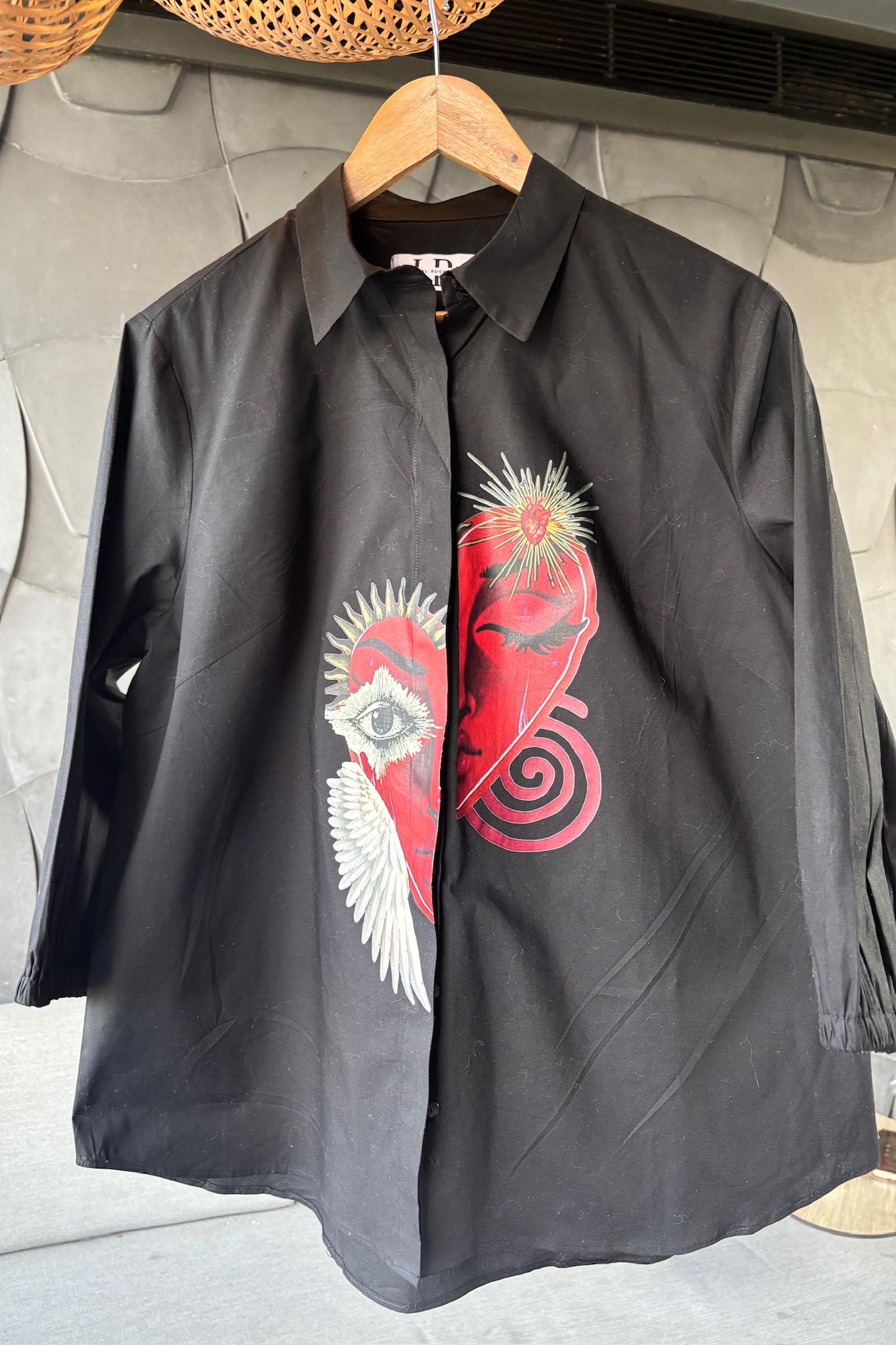 Charcoal Cotton Shirt with Abstract Face Artwork
