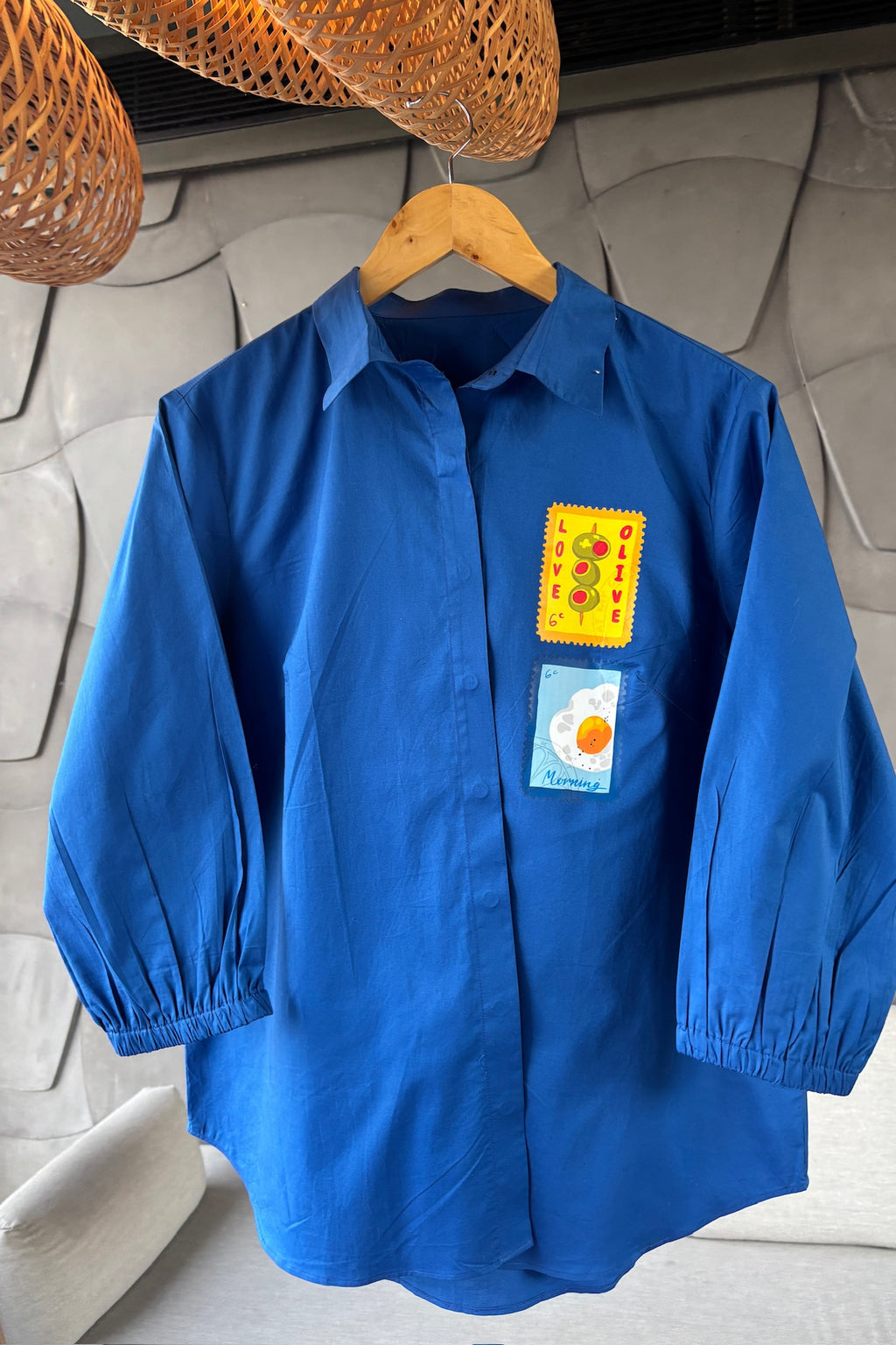 Cobalt Blue Cotton Shirt with Gathered Sleeves