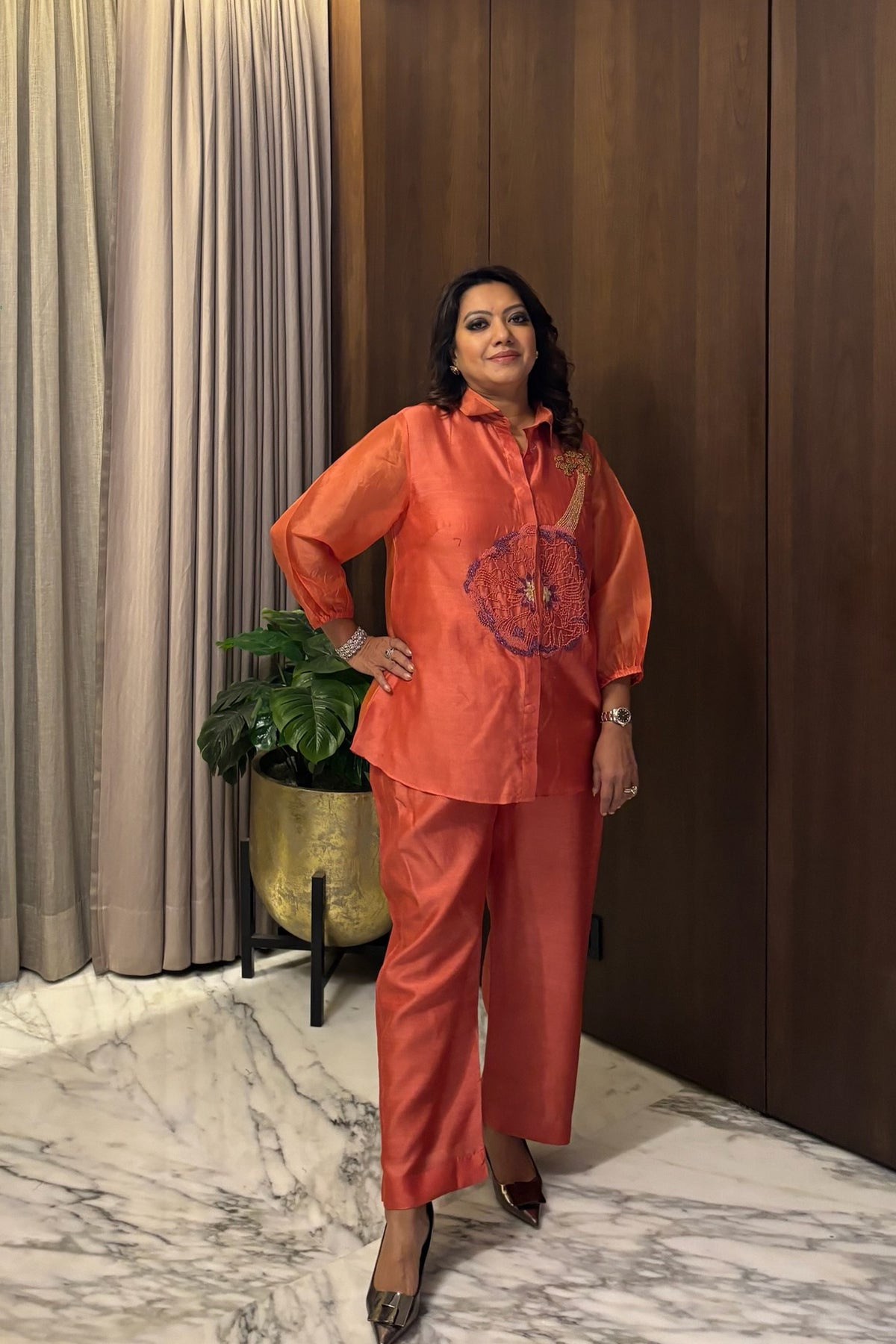 Orange Floral Organza Co-Ord Set