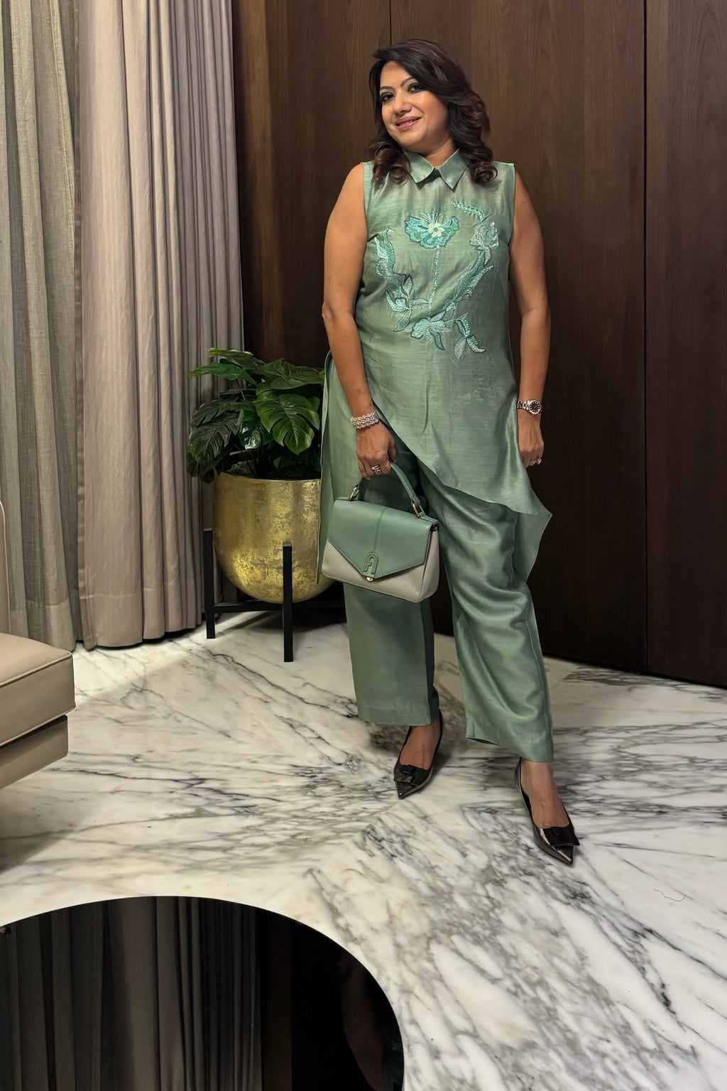 Sage Green Floral Organza Co-Ord Set