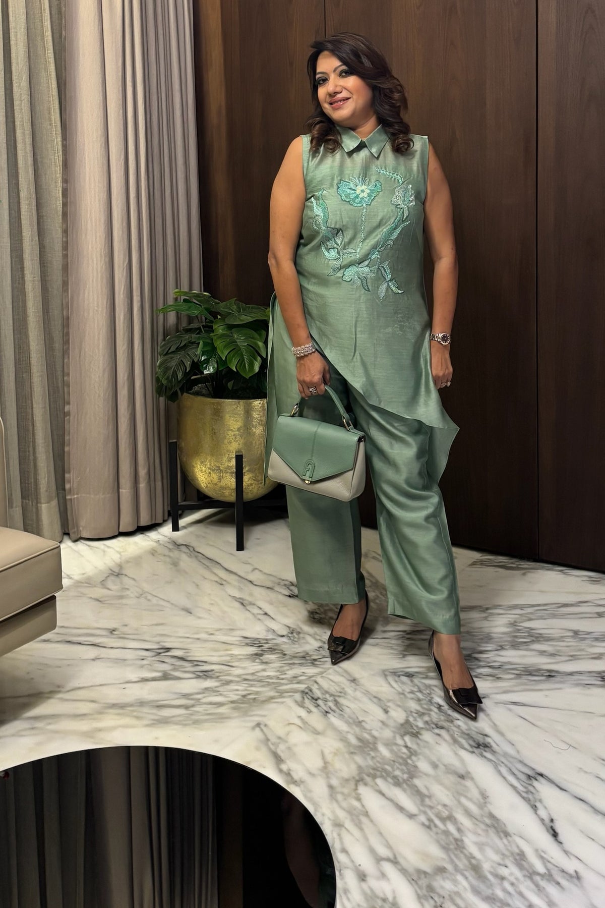 Sage Green Floral Organza Co-Ord Set
