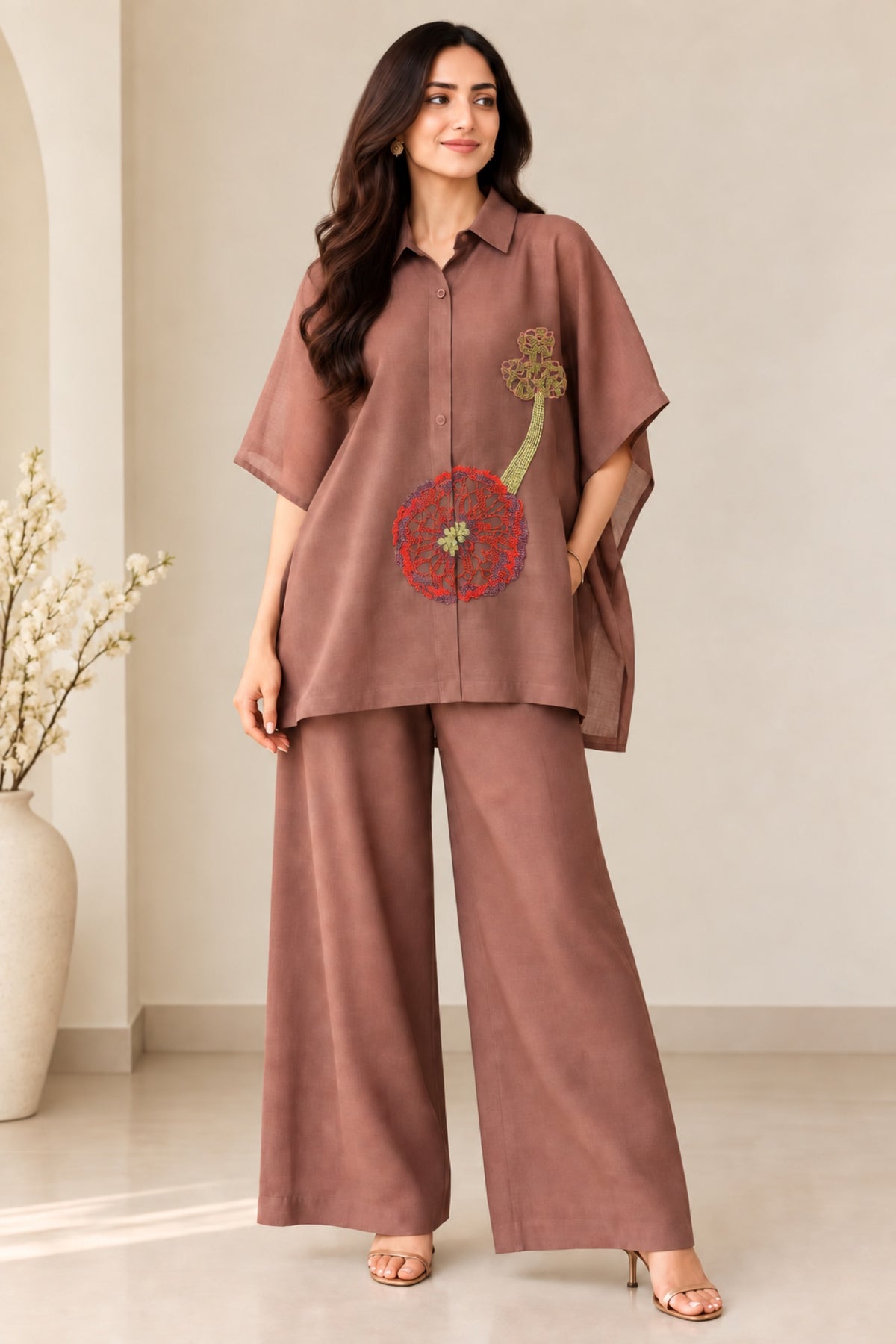 Cocoa Floral Organza Co-Ord Set