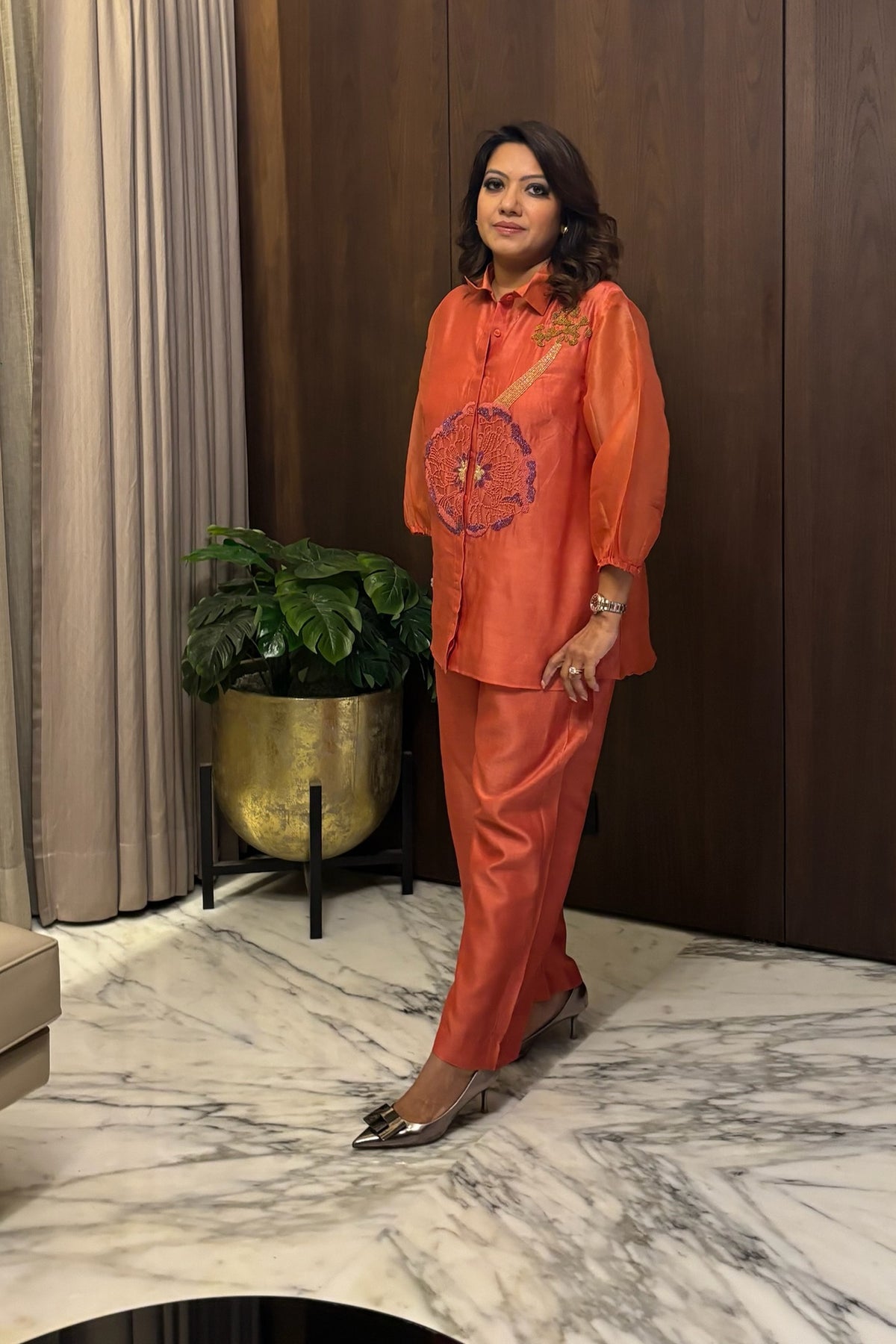 Orange Floral Organza Co-Ord Set