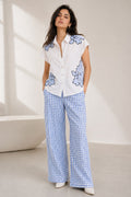 White & Blue Gingham Floral Patchwork Cotton Poplin Co-ord Set