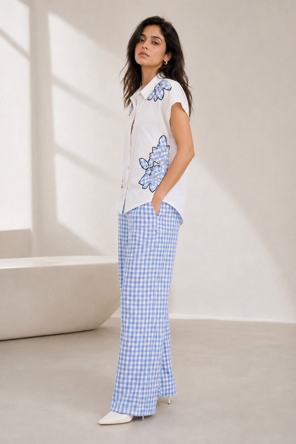 White & Blue Gingham Floral Patchwork Cotton Poplin Co-ord Set