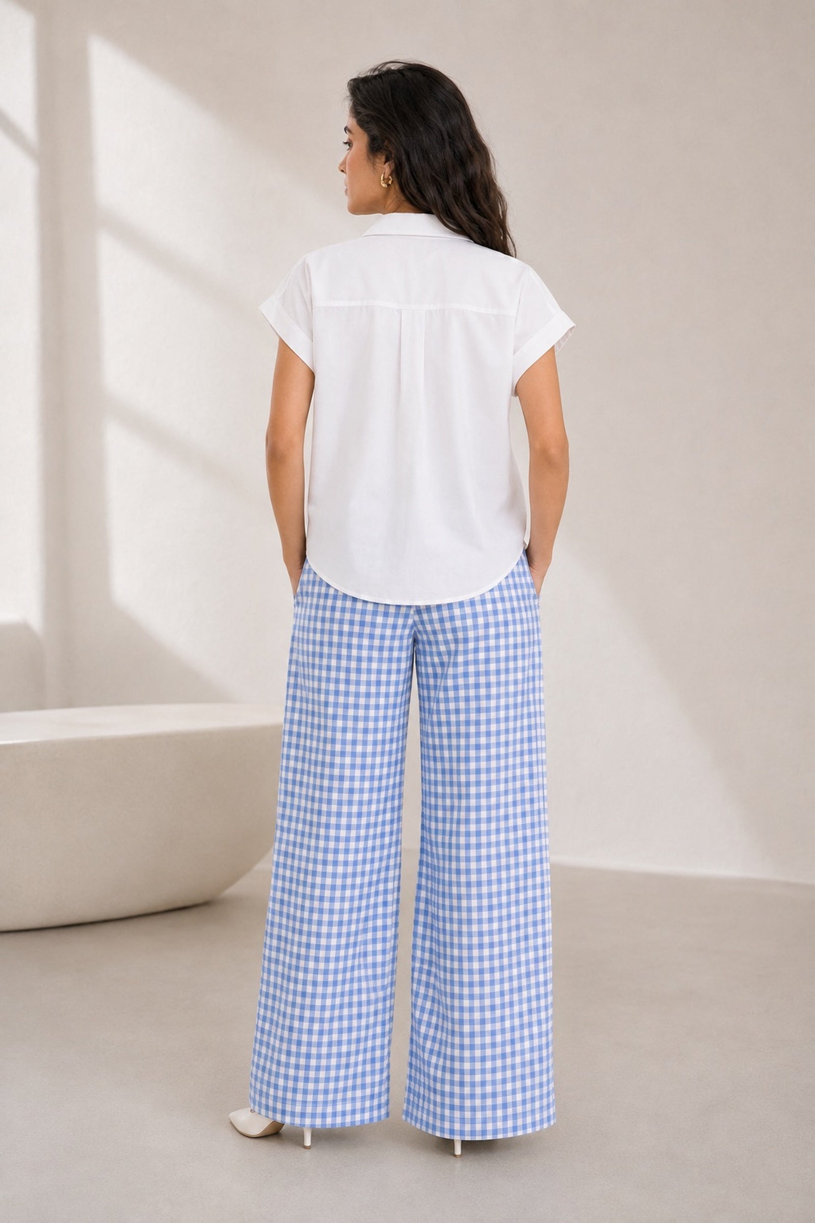 White & Blue Gingham Floral Patchwork Cotton Poplin Co-ord Set