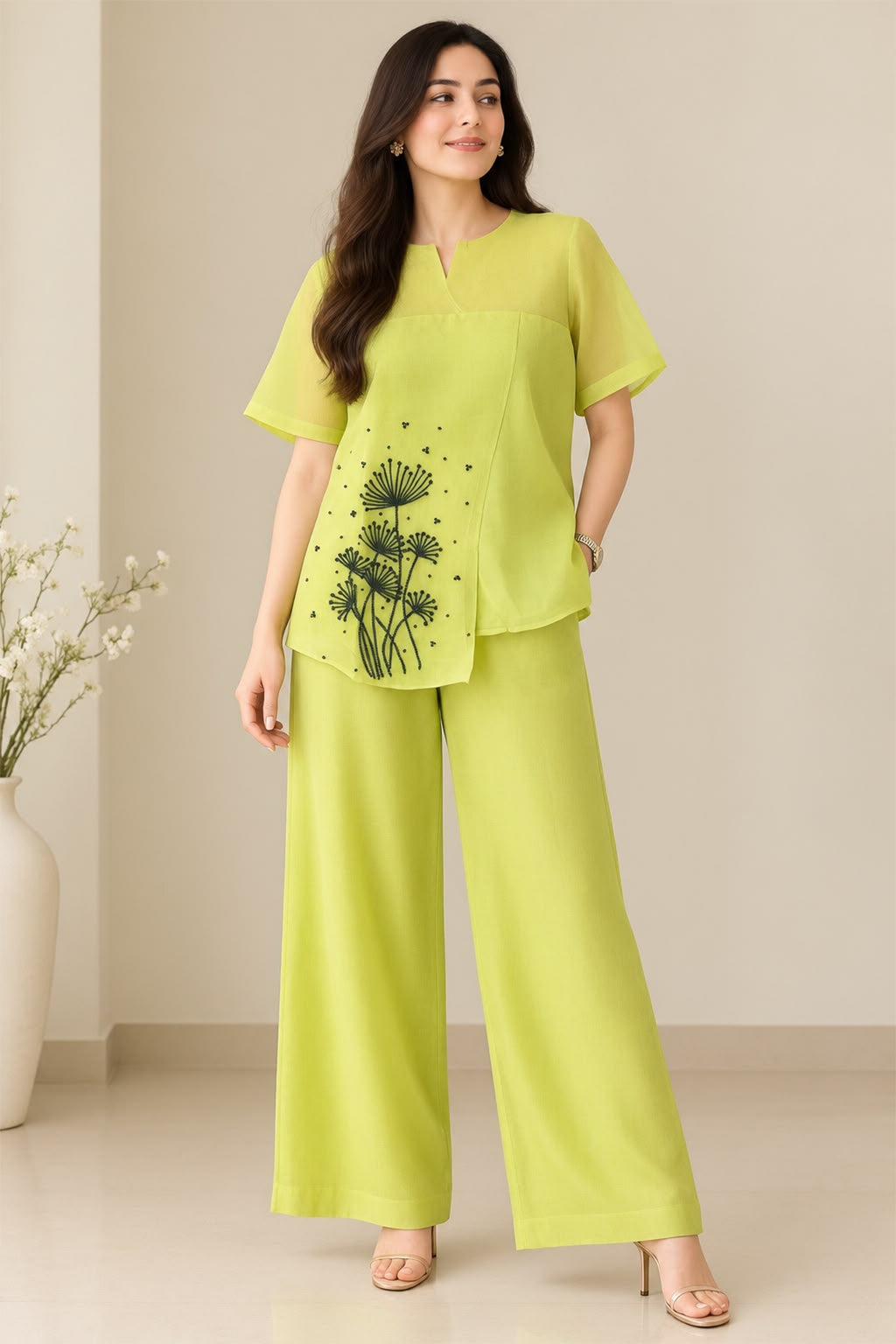 Lime Embroidered Organza Co-Ord Set