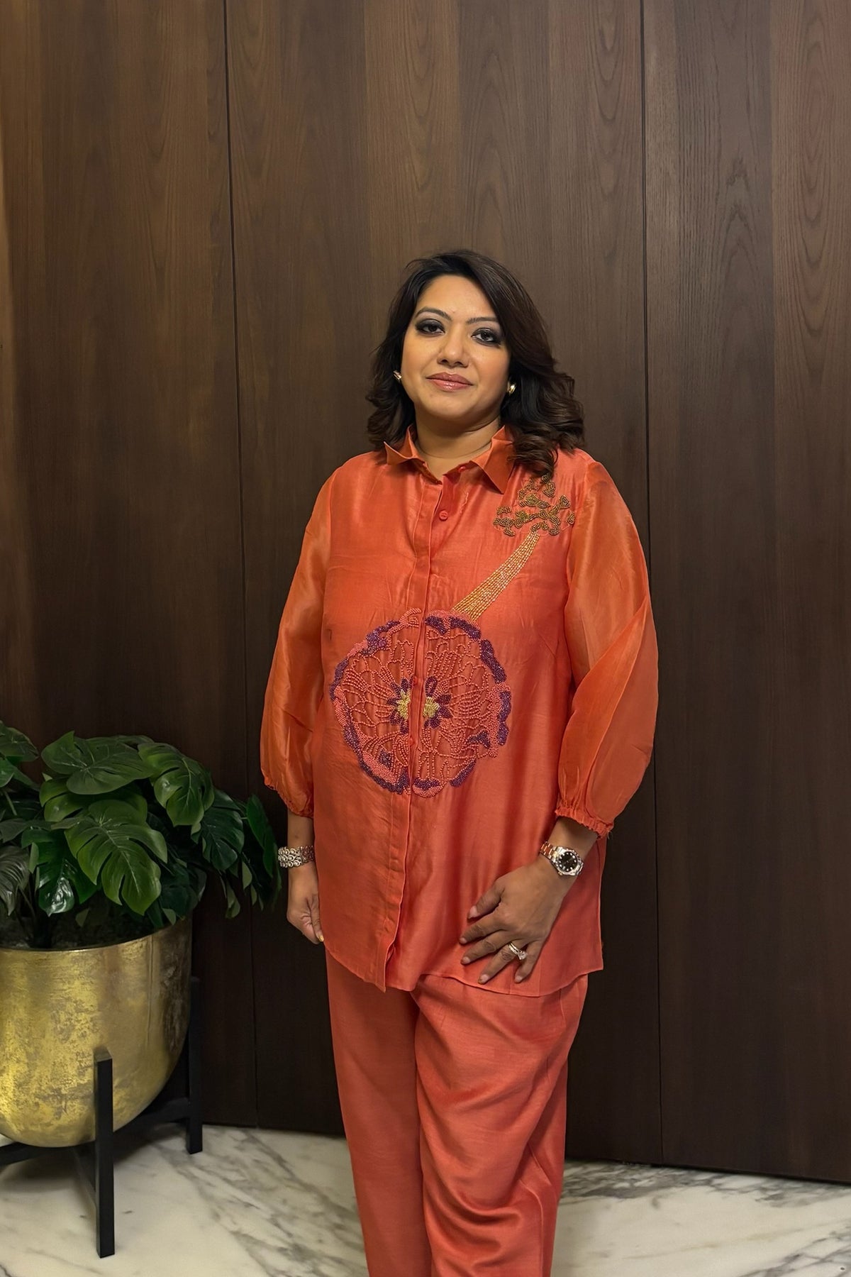 Orange Floral Organza Co-Ord Set