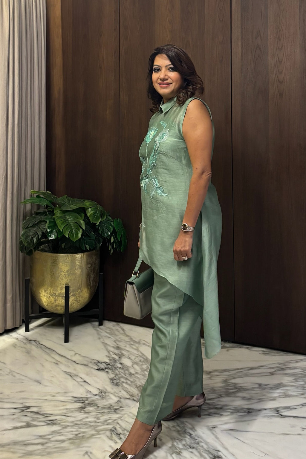 Sage Green Floral Organza Co-Ord Set
