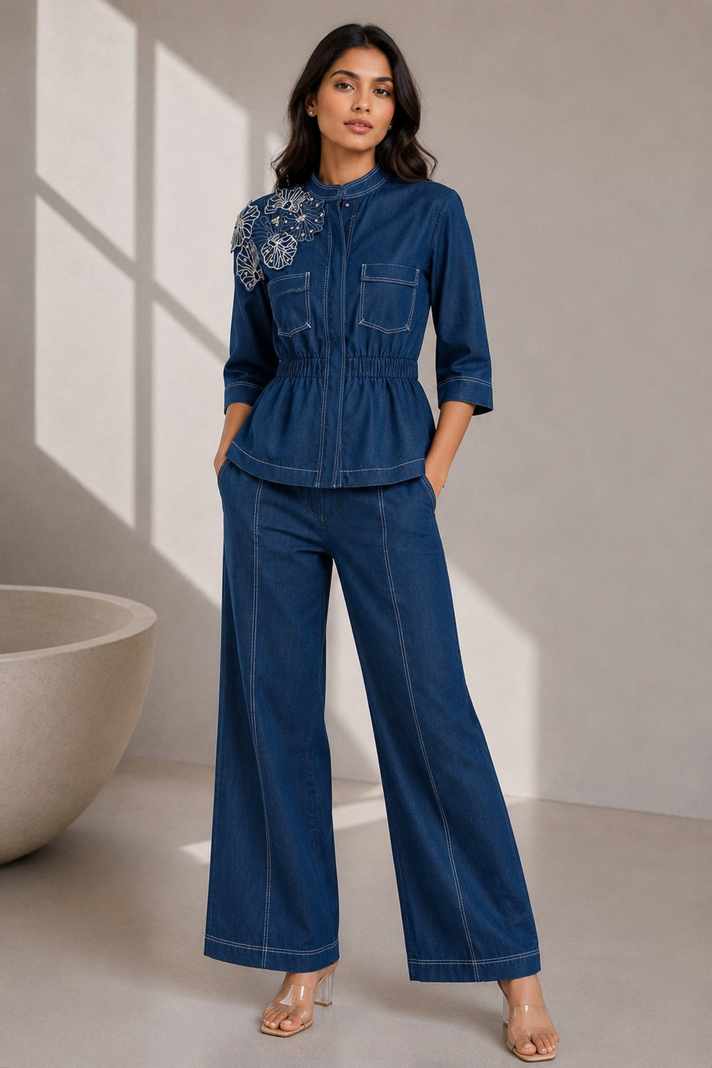 Indigo Pearl-Embroidered Lightweight Cotton Denim Co-ord Set