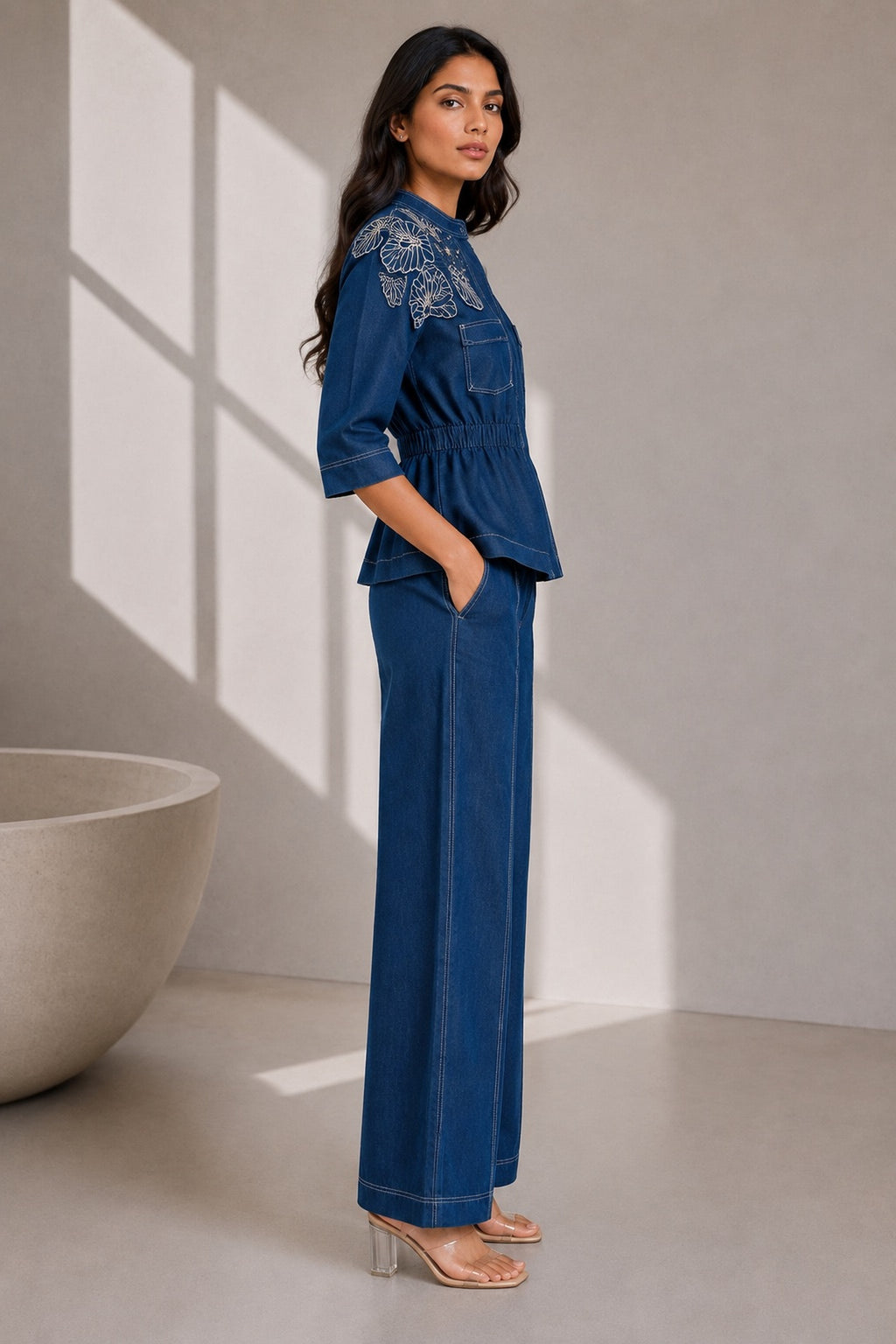 Indigo Pearl-Embroidered Lightweight Cotton Denim Co-ord Set