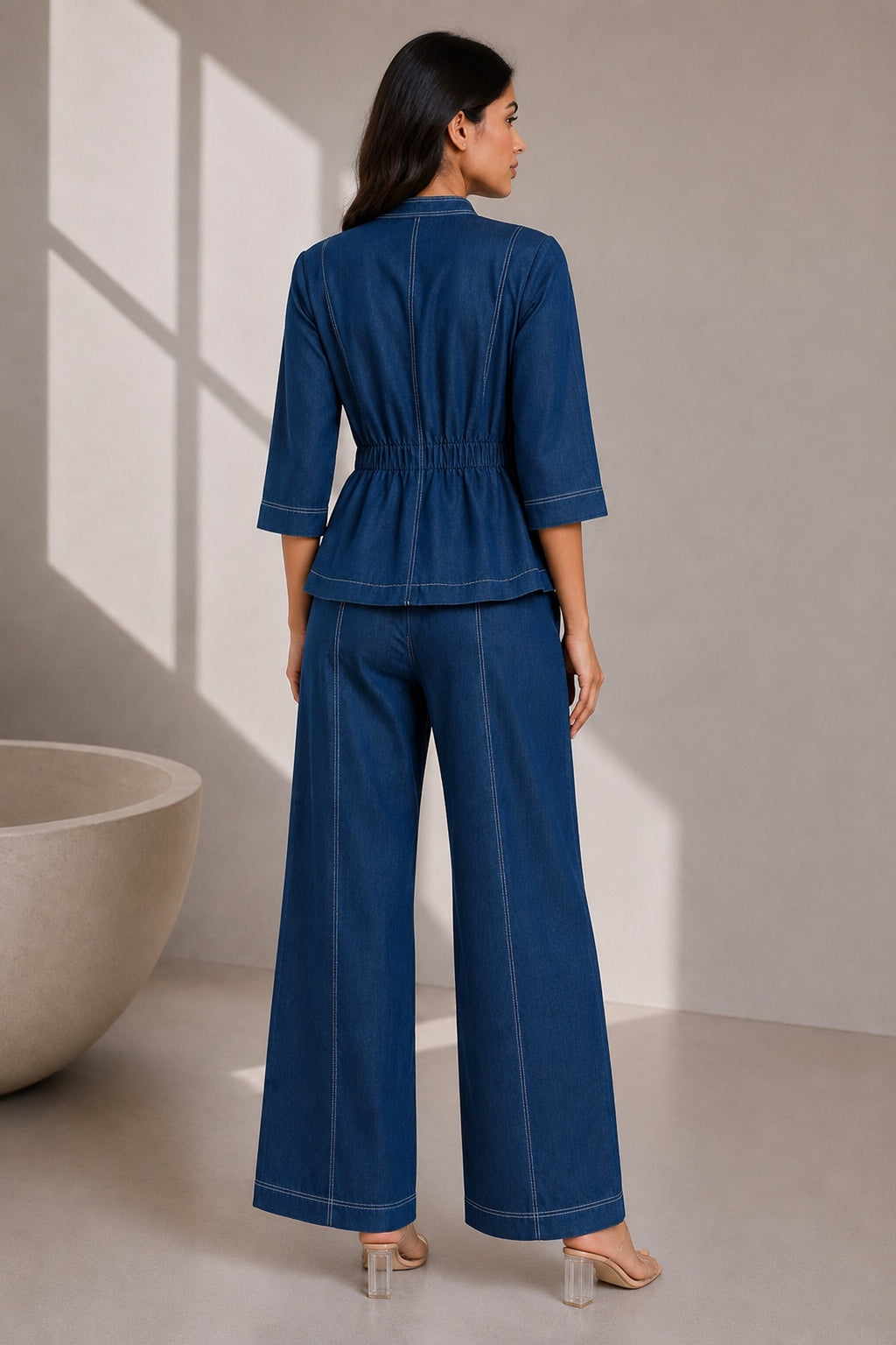 Indigo Pearl-Embroidered Lightweight Cotton Denim Co-ord Set