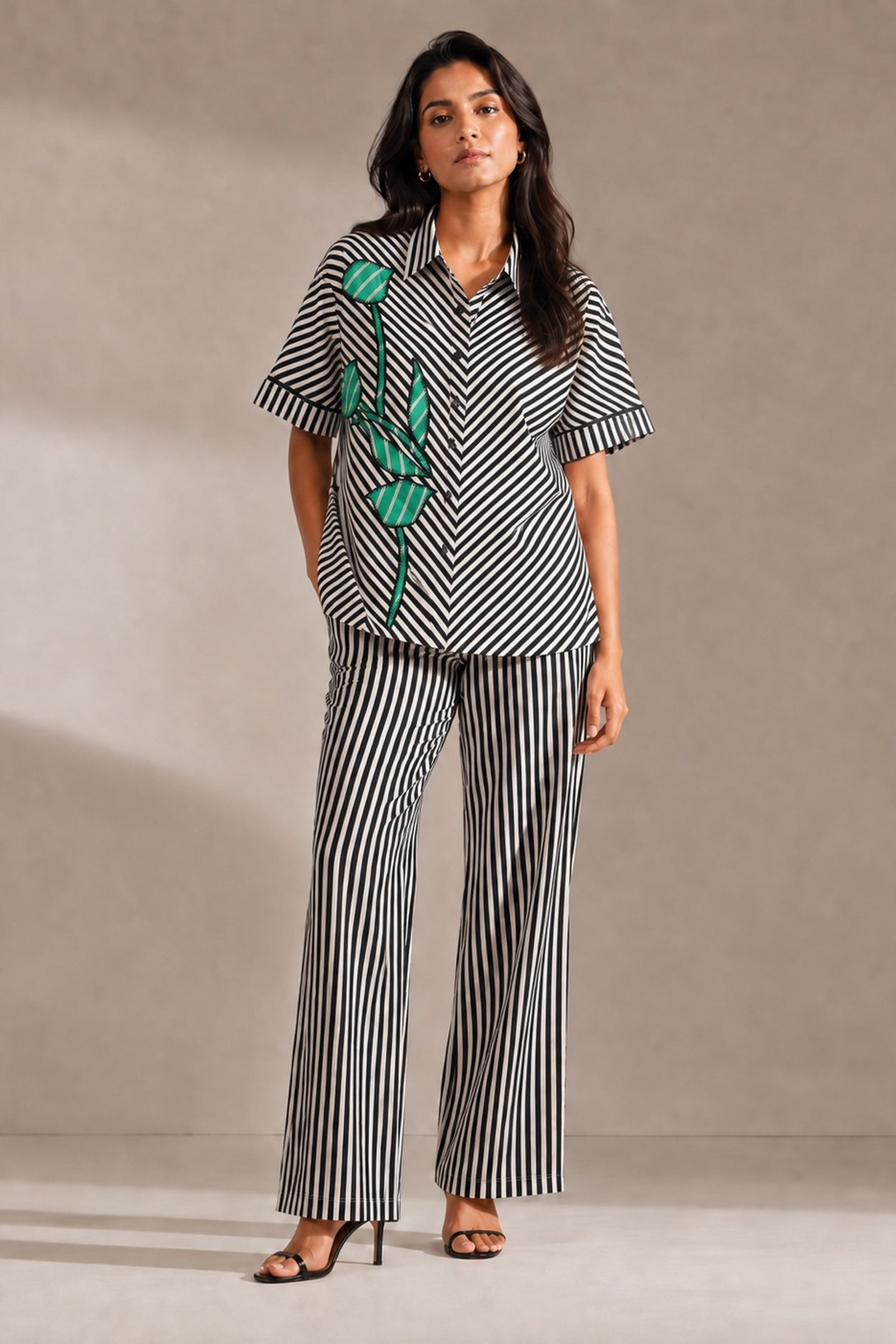 Black & White Striped Green Patchwork Cotton Poplin Co-ord Set