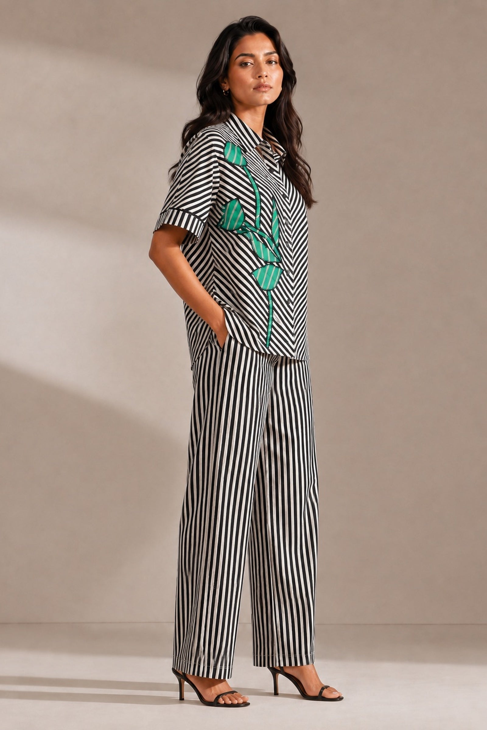 Black & White Striped Green Patchwork Cotton Poplin Co-ord Set