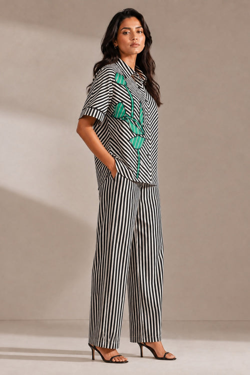 Black & White Striped Green Patchwork Cotton Poplin Co-ord Set