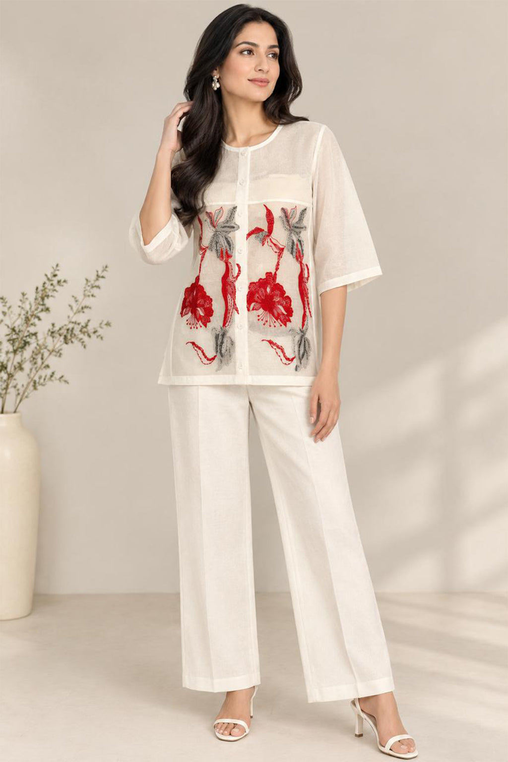Ivory Floral Organza Co-Ord Set
