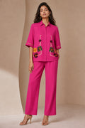 Fuchsia Floral-Embroidered Cotton Poplin Co-ord Set