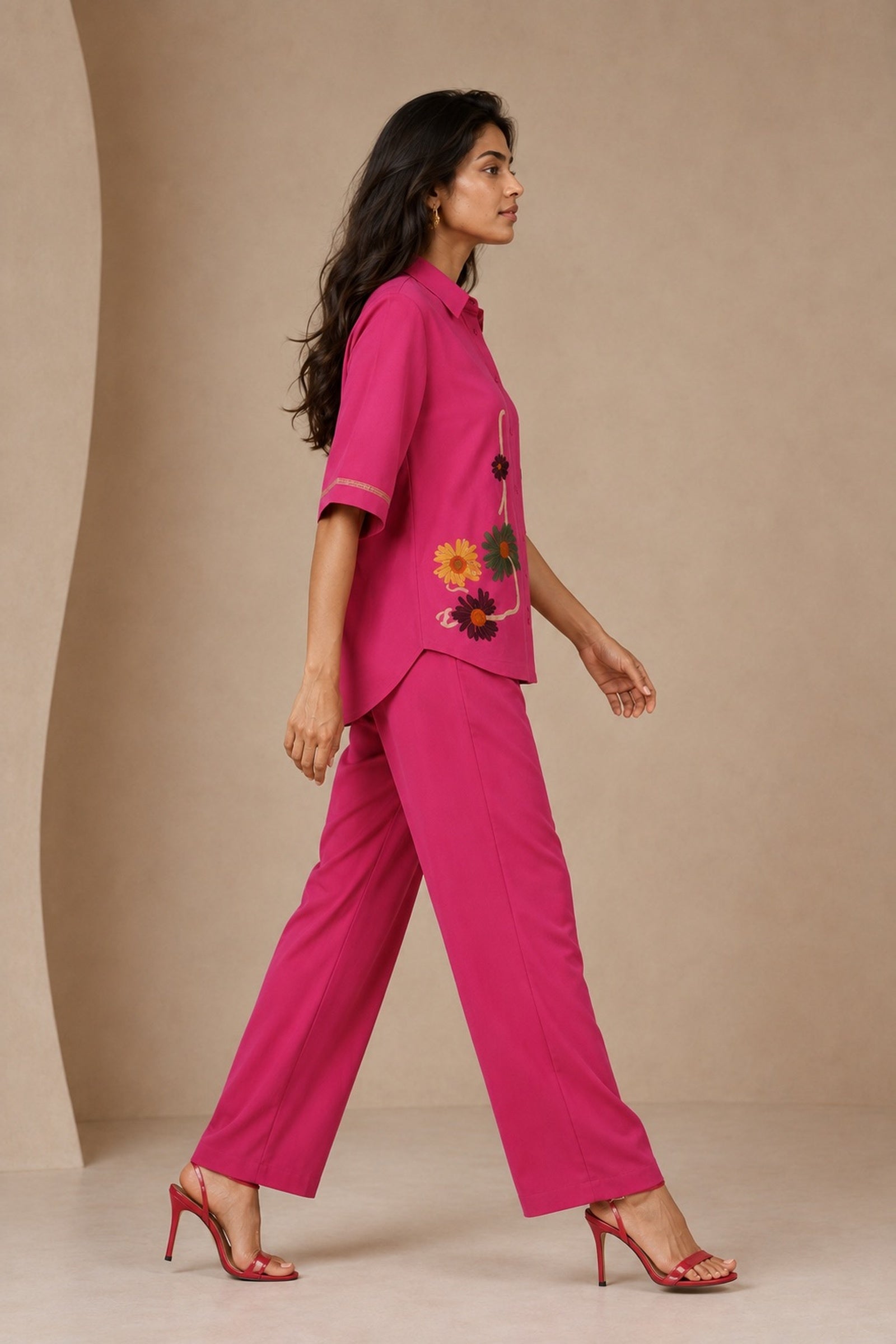 Fuchsia Floral-Embroidered Cotton Poplin Co-ord Set