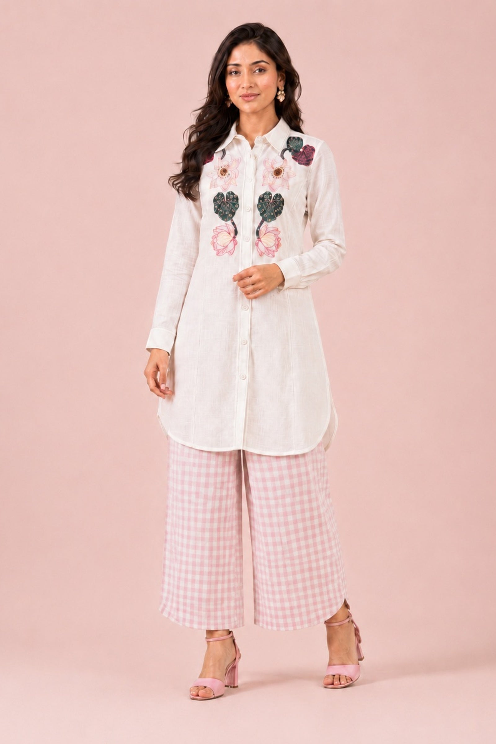 White Floral Patchwork Shirt & Pink Gingham Cotton Poplin Co-ord Set