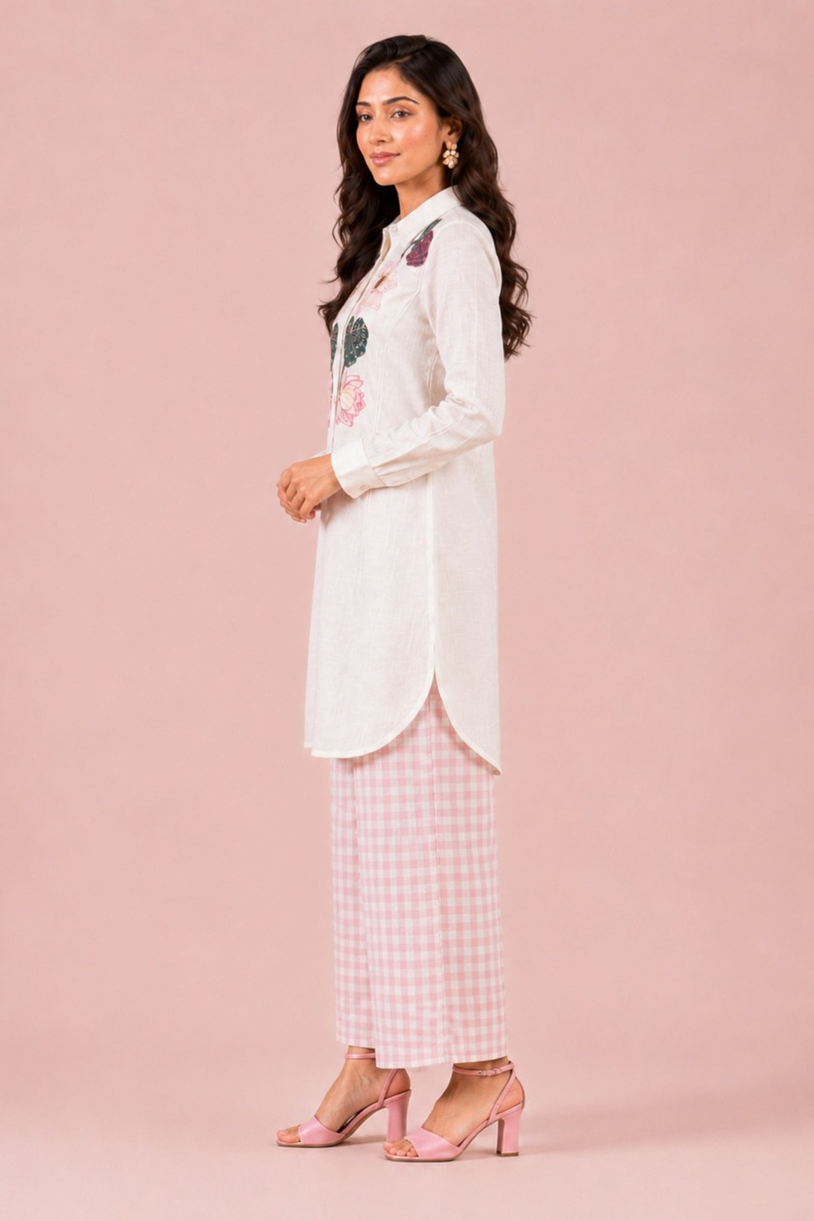 White Floral Patchwork Shirt & Pink Gingham Cotton Poplin Co-ord Set