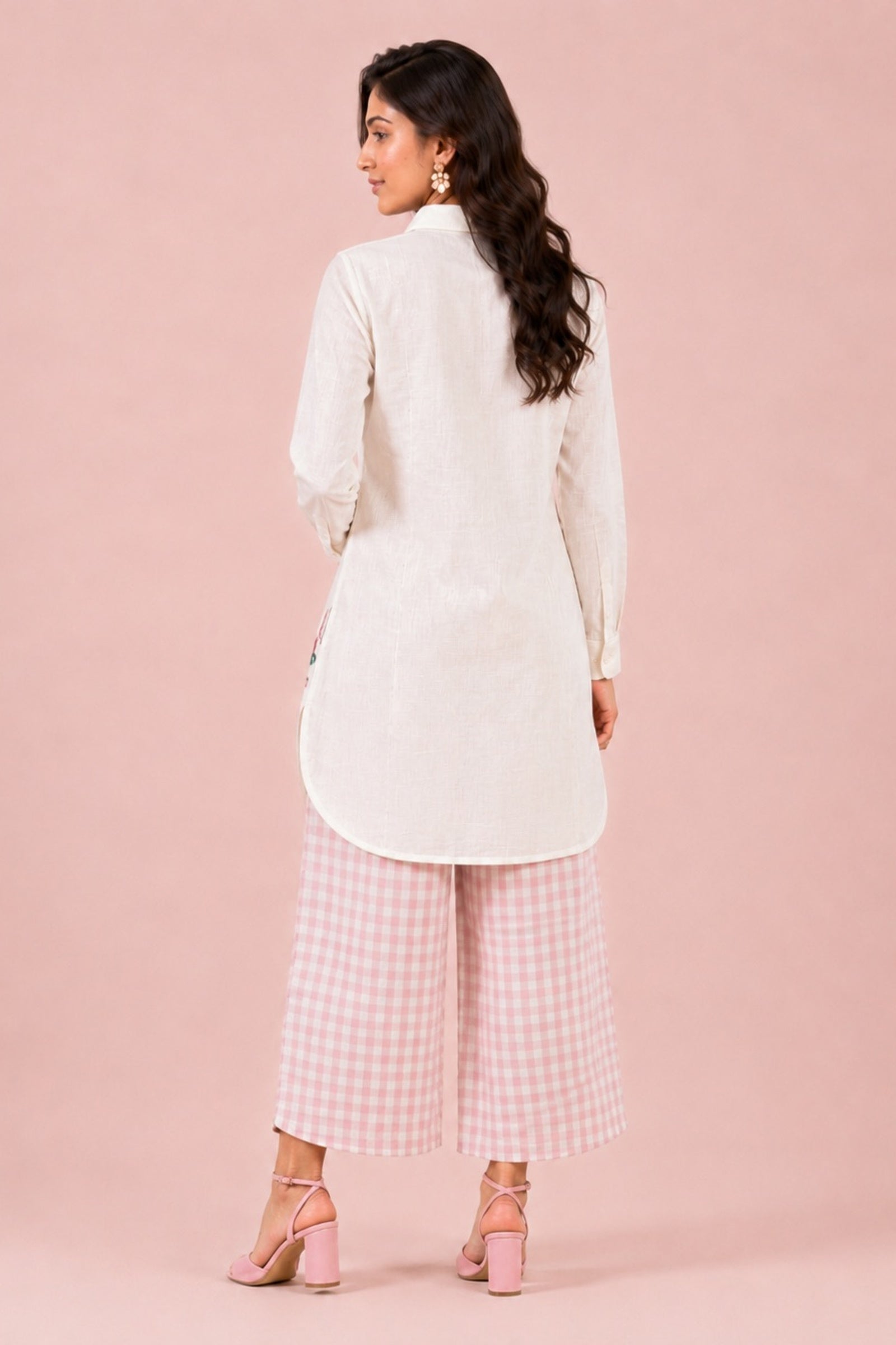 White Floral Patchwork Shirt & Pink Gingham Cotton Poplin Co-ord Set