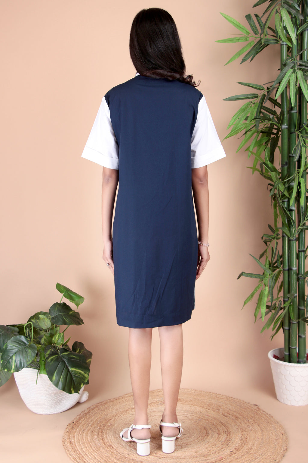 Navy & White Panel Cotton Poplin Dress