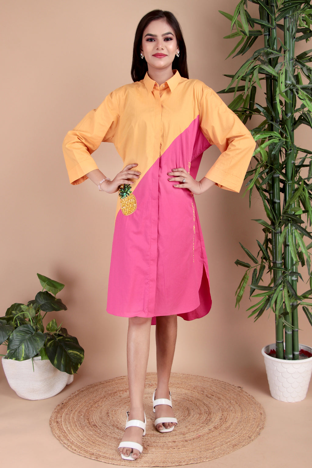 Saffron & Fuchsia Colourblock Cotton Poplin Dress