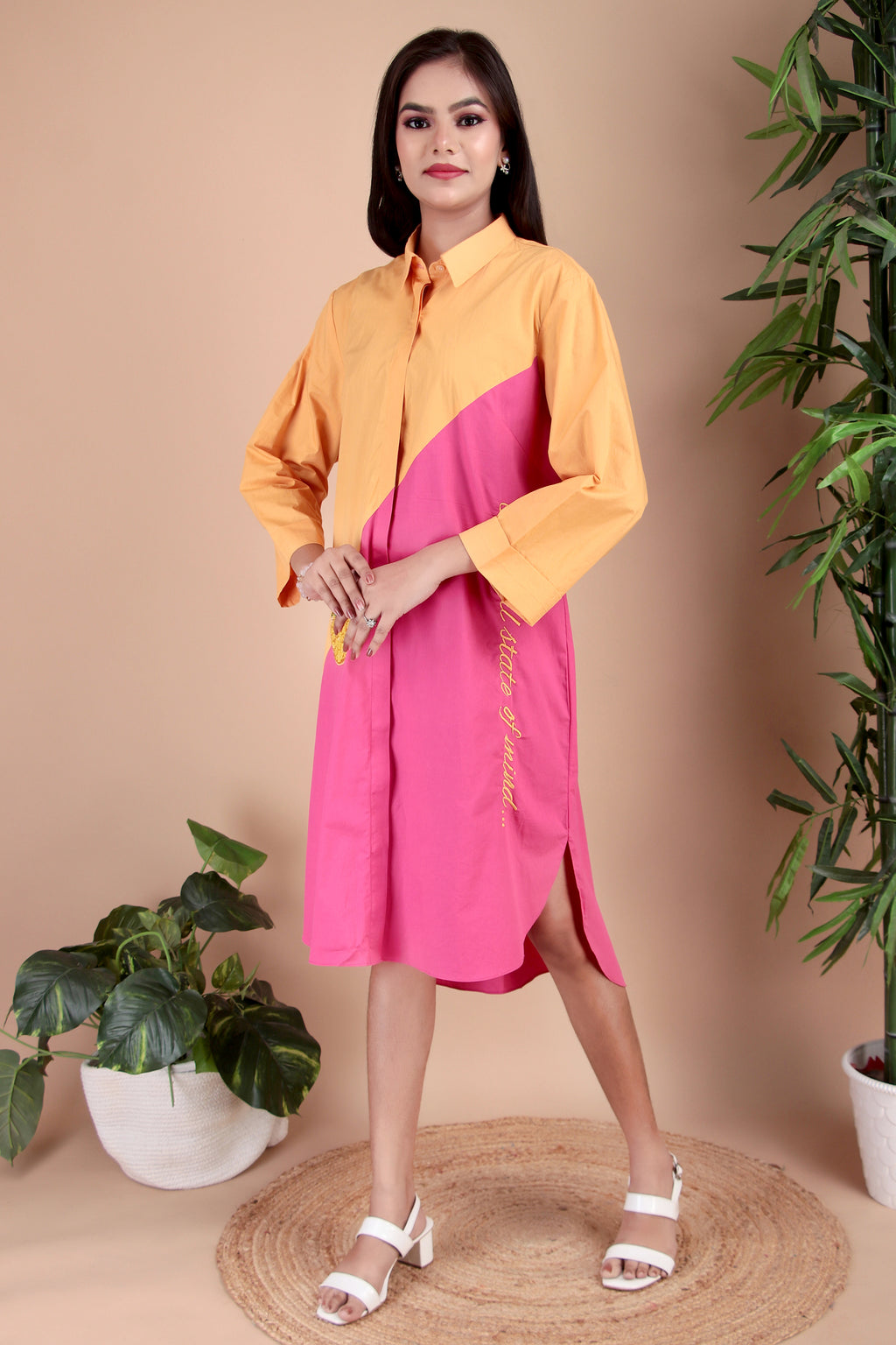 Saffron & Fuchsia Colourblock Cotton Poplin Dress