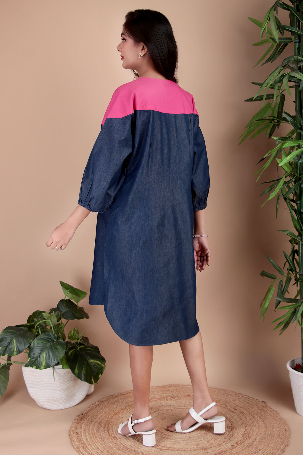 Navy & Fuchsia Colourblock Cotton Poplin Dress