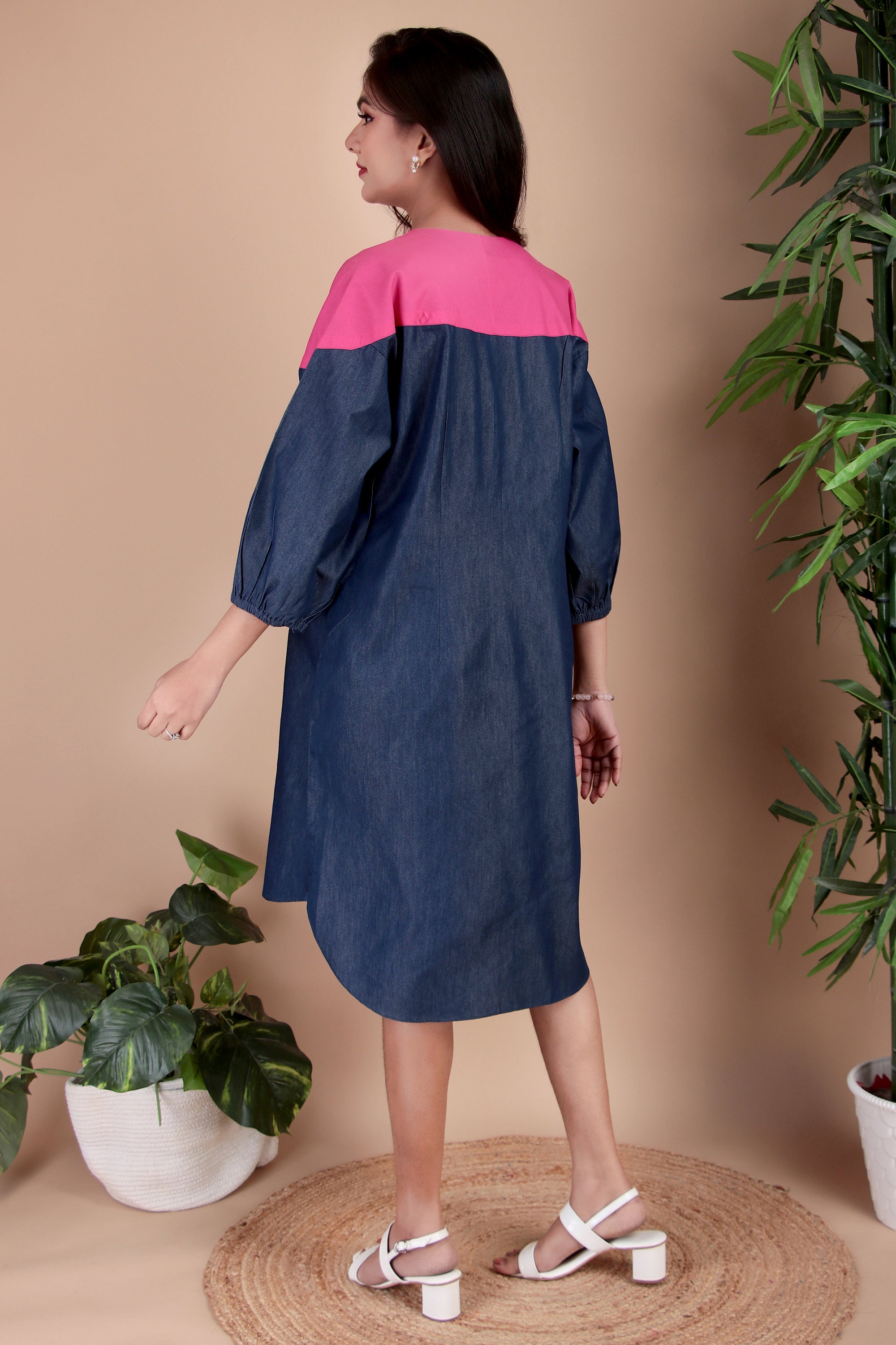 Navy & Fuchsia Colourblock Cotton Poplin Dress