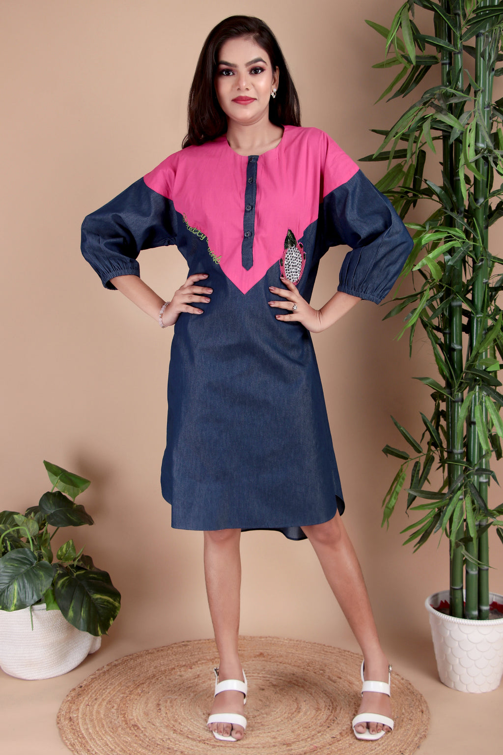 Navy & Fuchsia Colourblock Cotton Poplin Dress