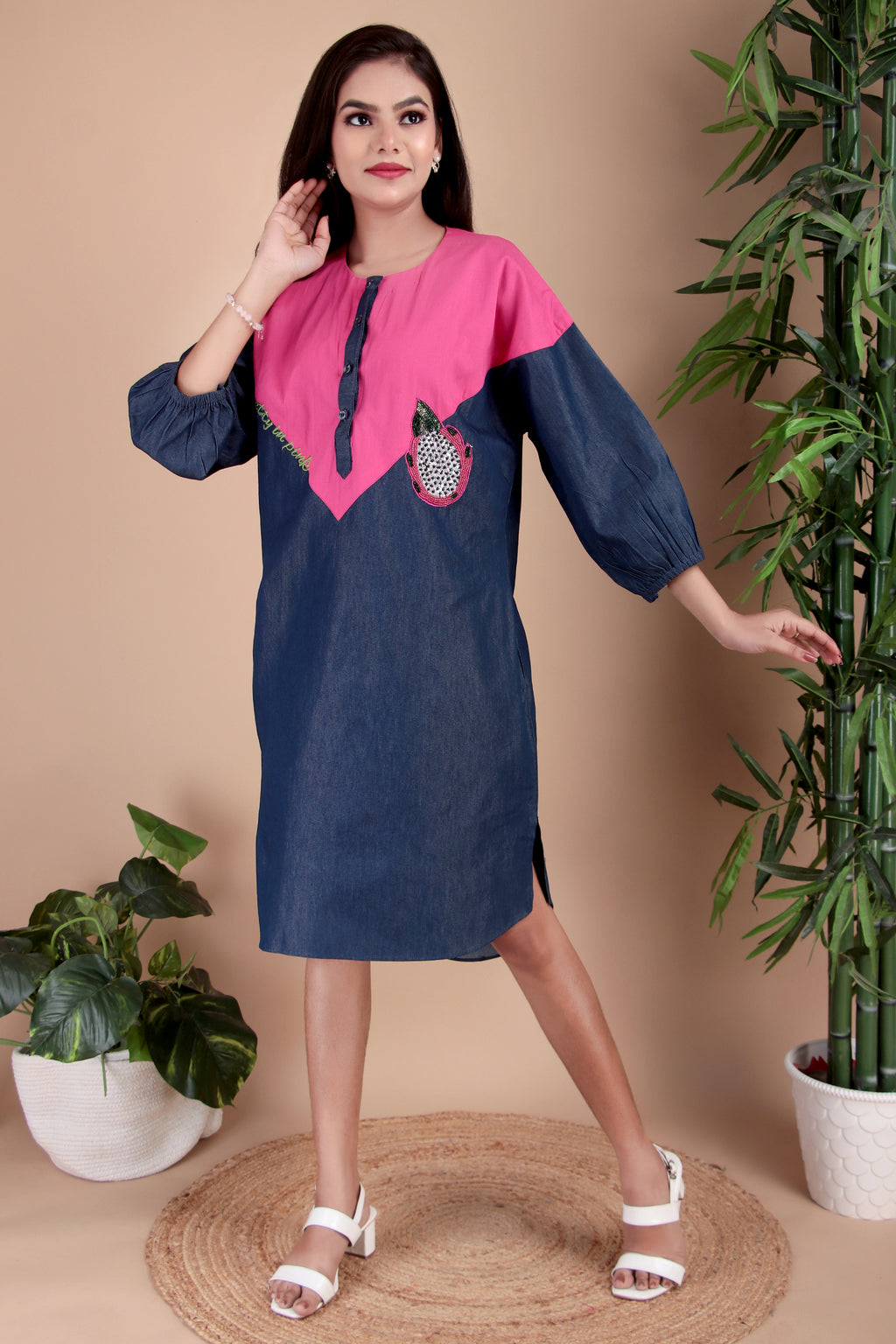 Navy & Fuchsia Colourblock Cotton Poplin Dress