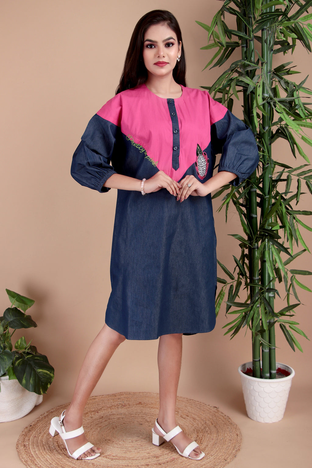 Navy & Fuchsia Colourblock Cotton Poplin Dress