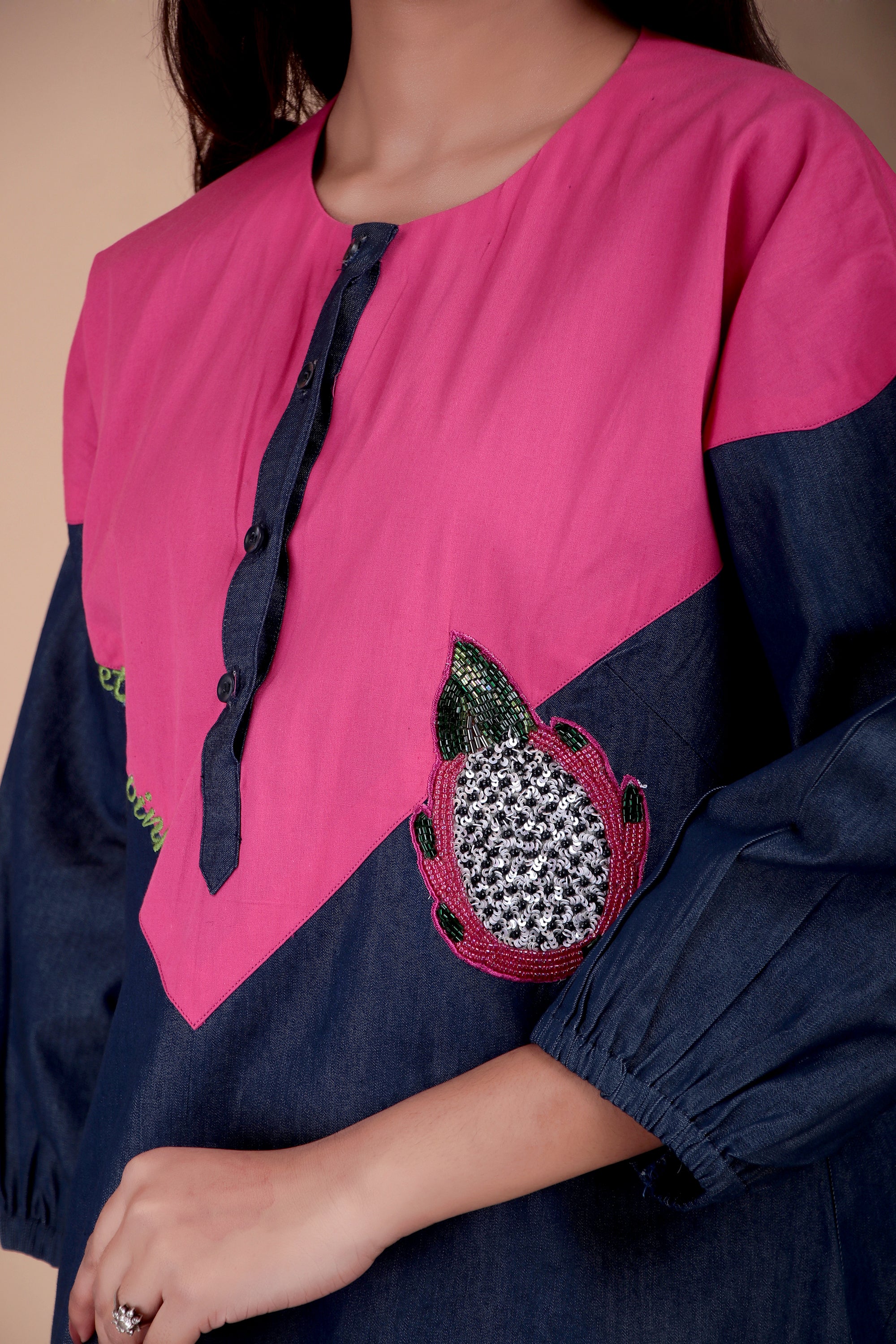Navy & Fuchsia Colourblock Cotton Poplin Dress