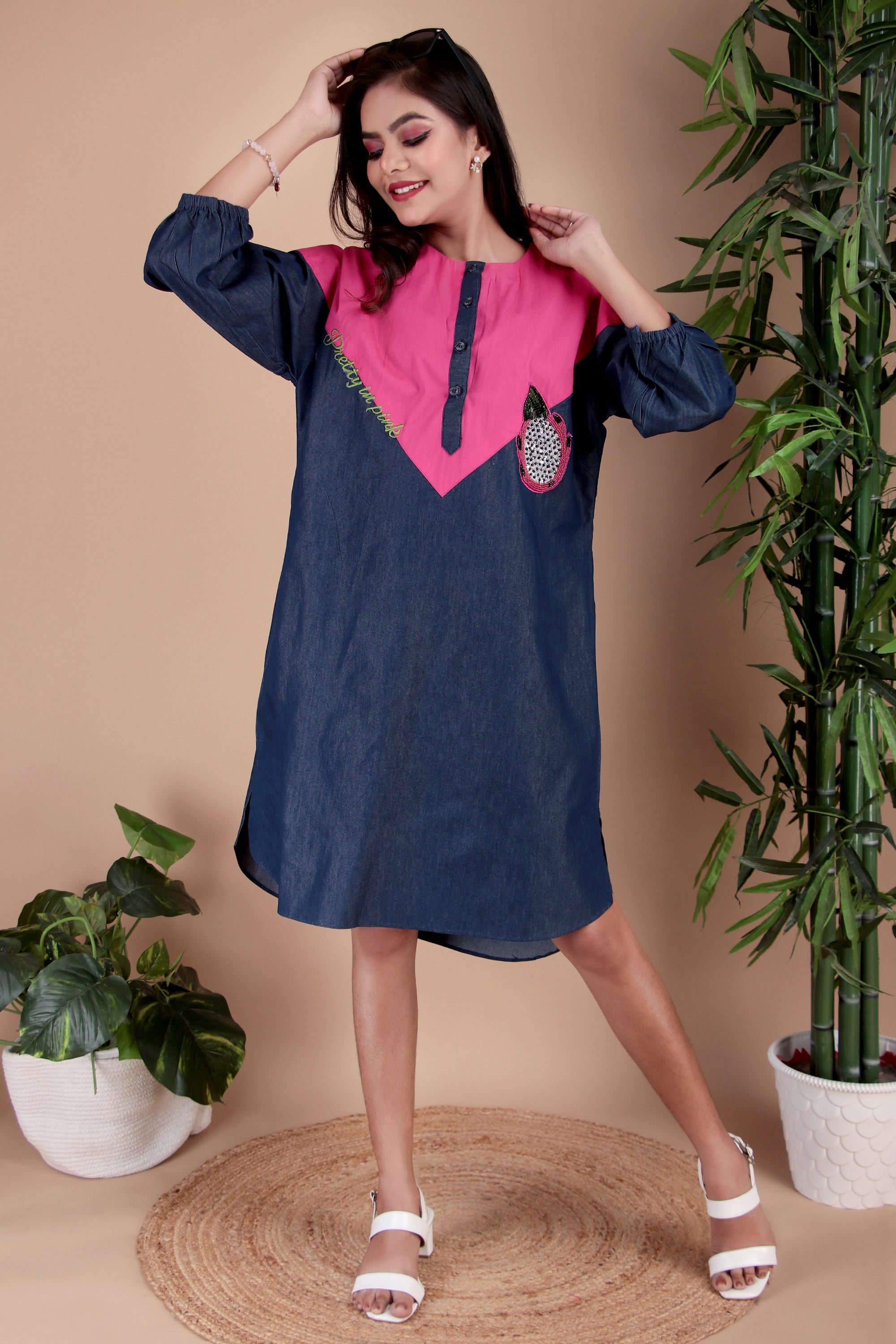 Navy & Fuchsia Colourblock Cotton Poplin Dress