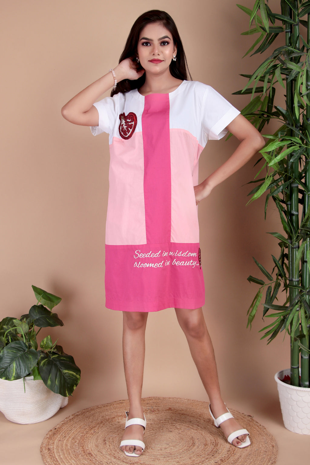 Blush Pink Geometric Cotton Poplin Dress