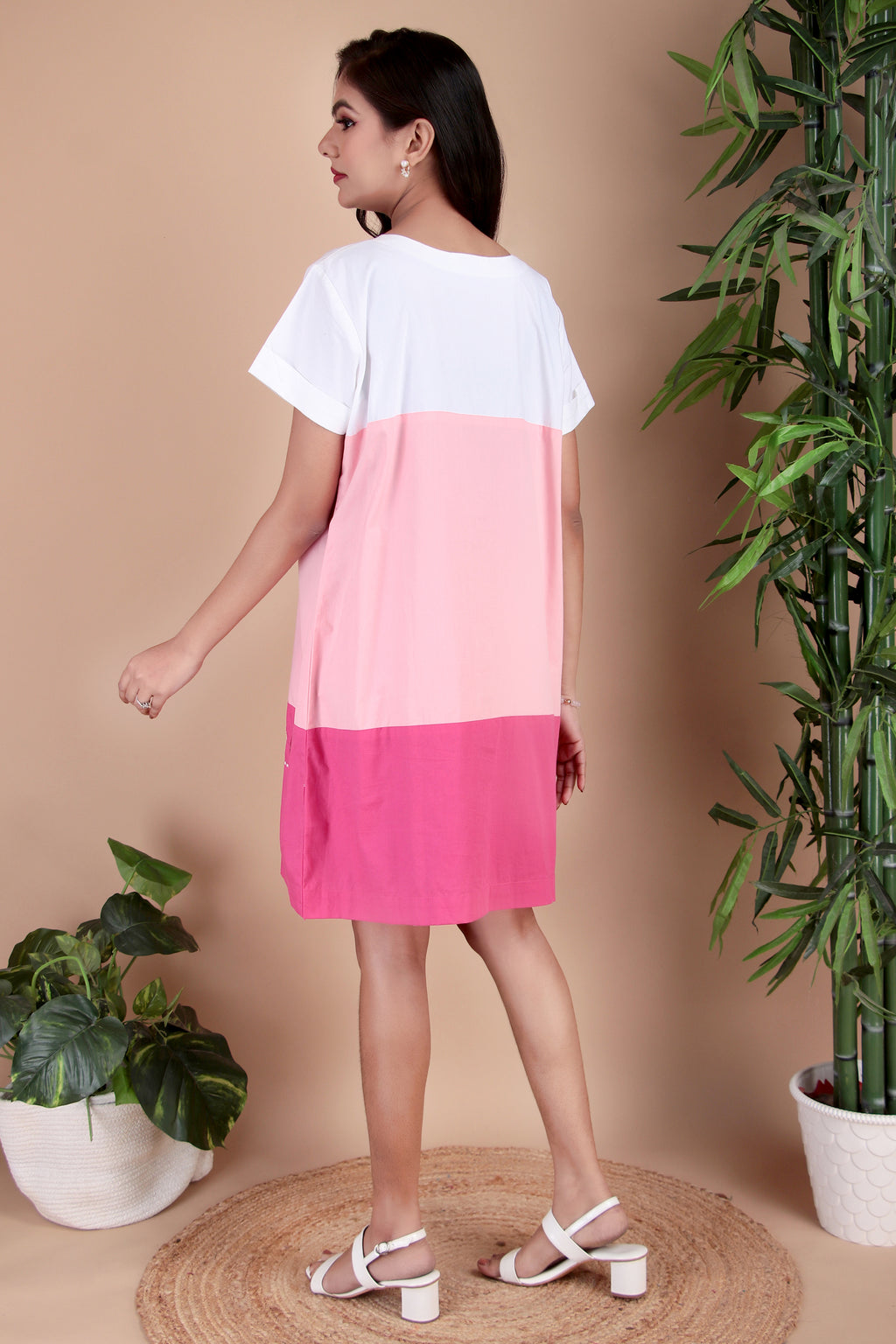 Blush Pink Geometric Cotton Poplin Dress