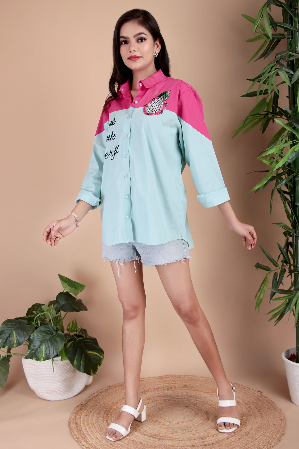 Aqua & Fuchsia Cotton Poplin Shirt
